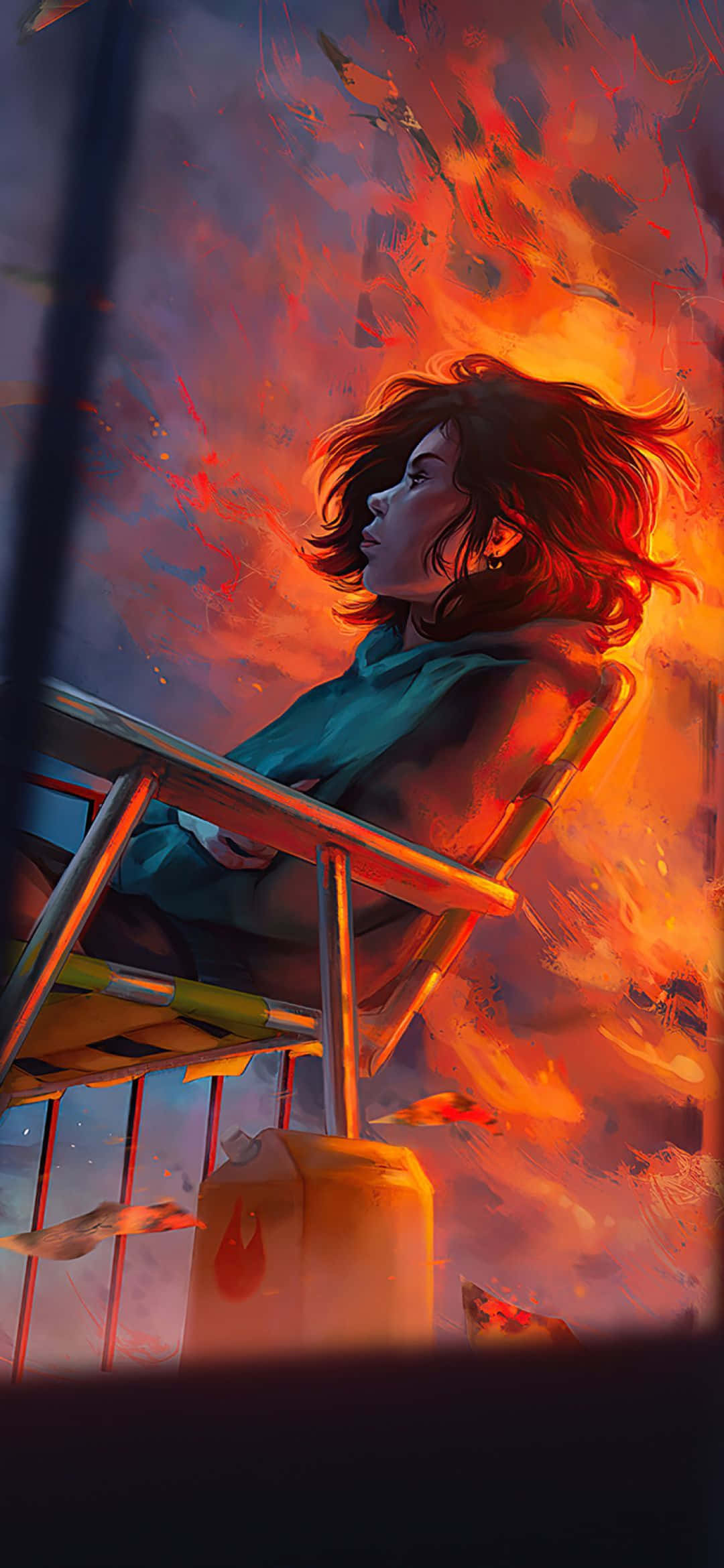 1080x2340 4K एनीमे गर्ल चेयर ऑन फायर वॉलपेपर