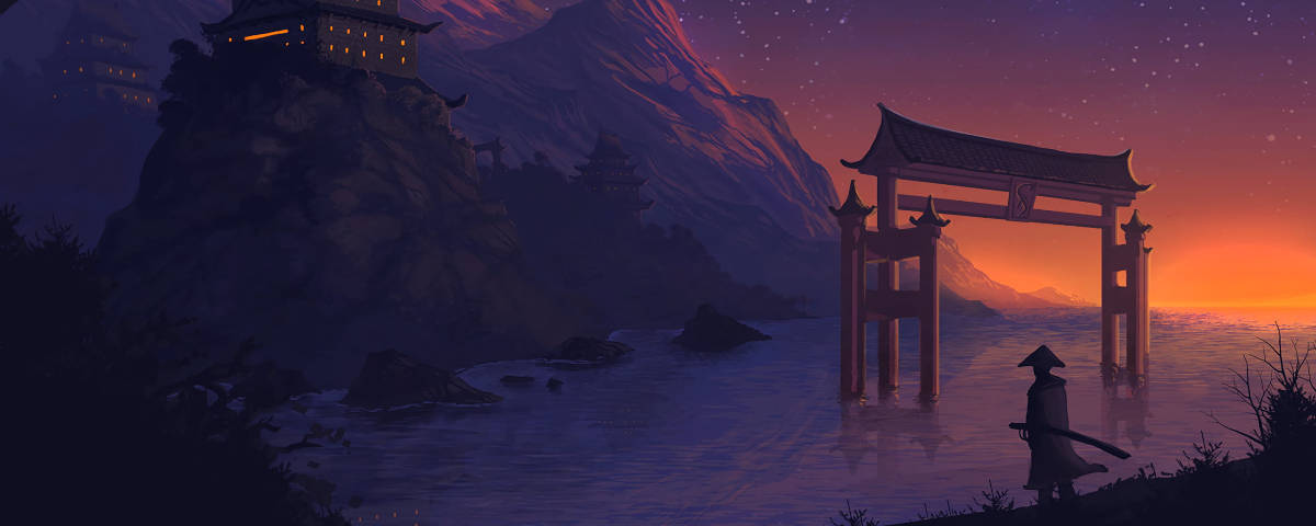 1200x480 सामुराई सिल्हूट वॉलपेपर