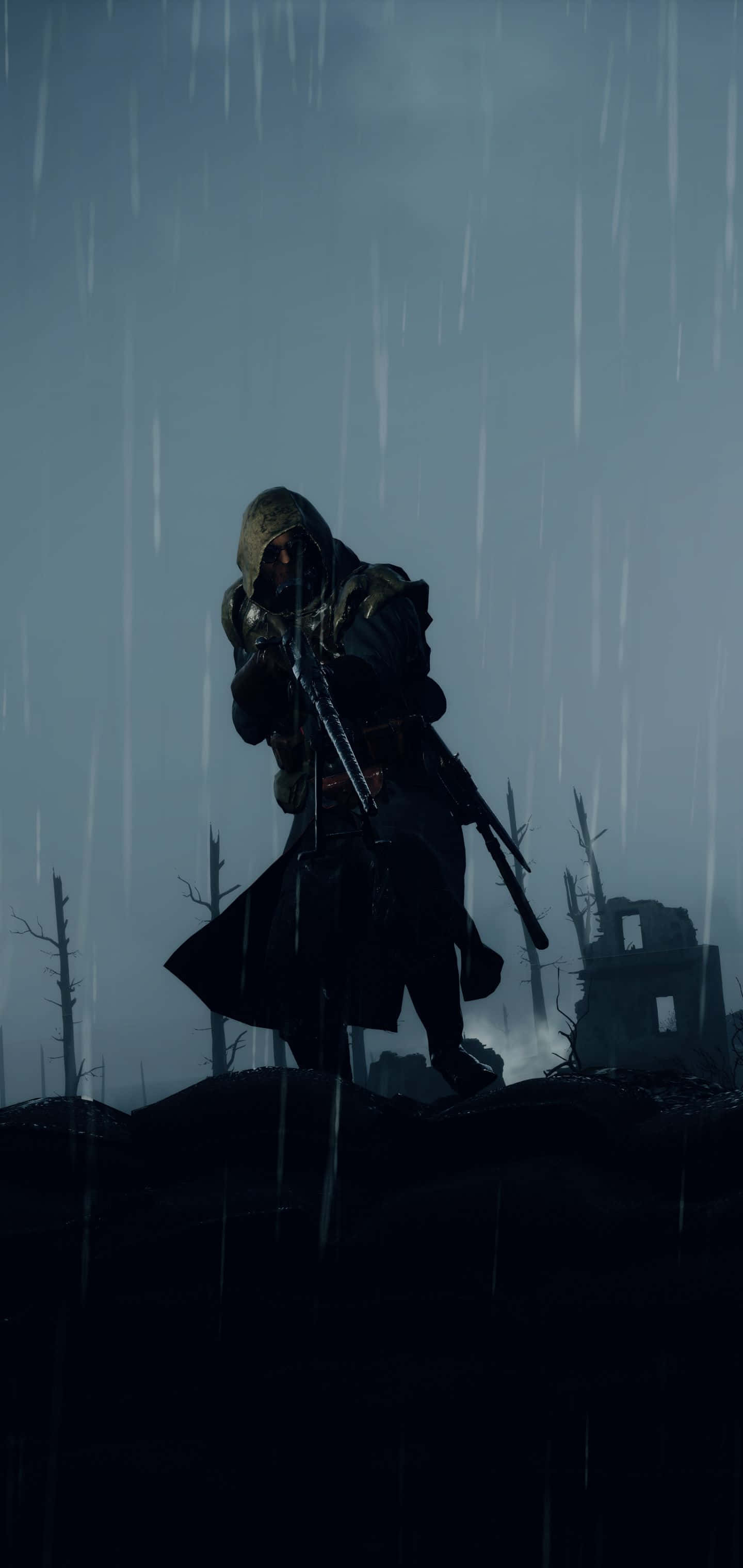 पिक्सेल 3एक्सएल Battlefield 1 पृष्ठभूमि बारिश में हुड वाला सैनिक वॉलपेपर