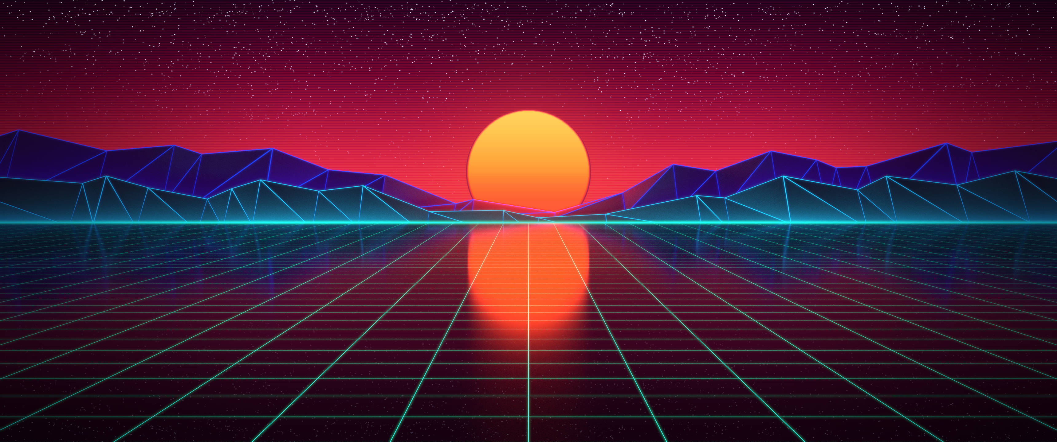 3440x1440 मिनिमलिस्ट सिंथवेव लैंडस्केप वॉलपेपर