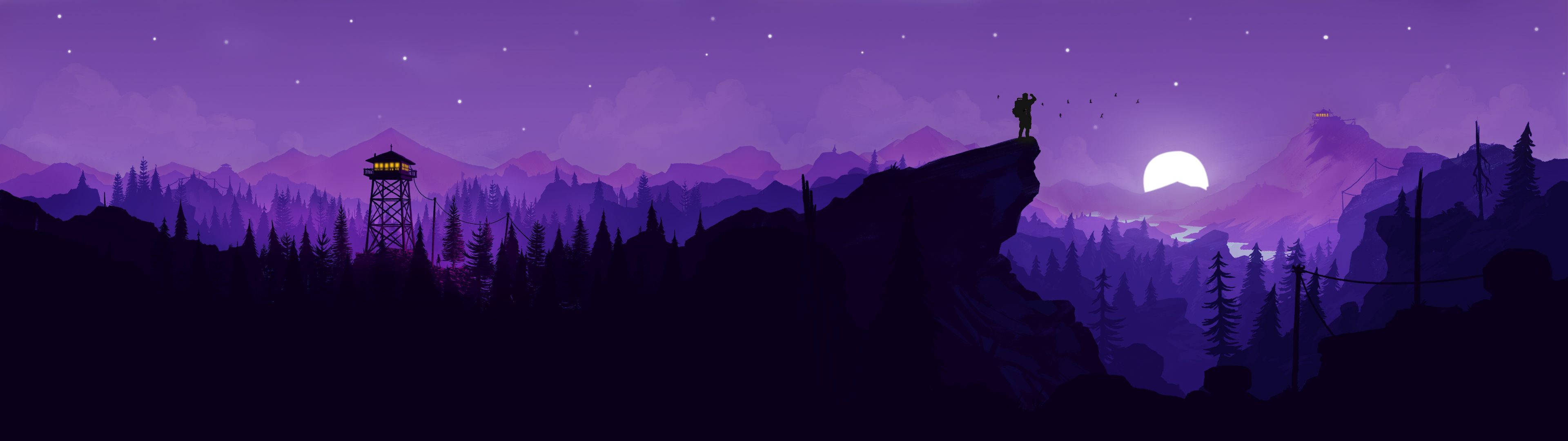 3840x1080 4K बैंगनी परिदृश्य चित्रण — पहाड़ वॉलपेपर