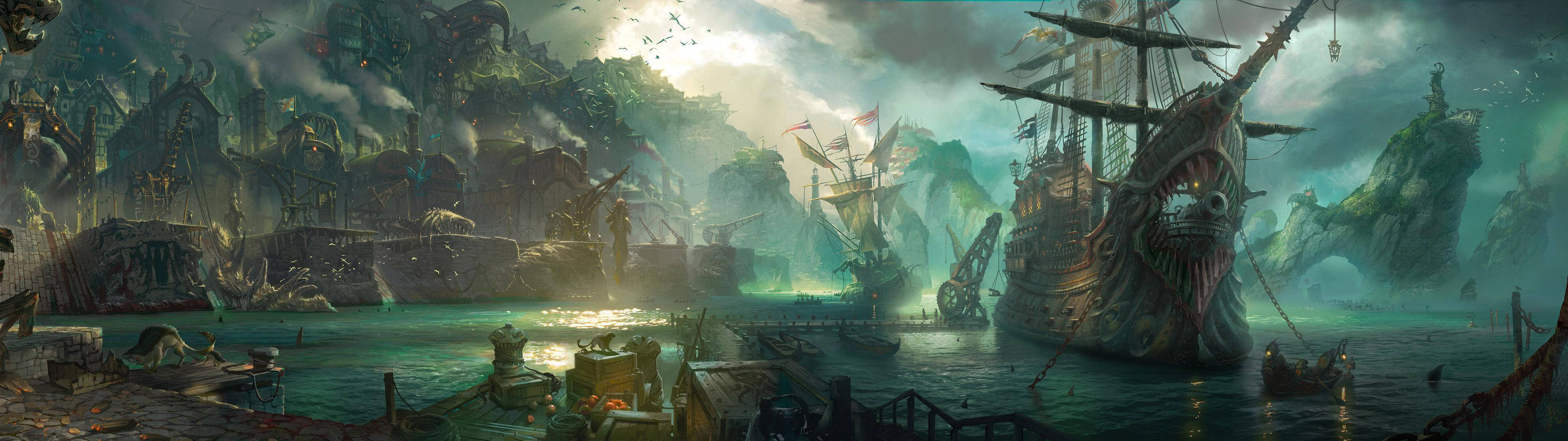 3840x1080 HD डुअल मॉनिटर समुद्री डाकू जहाज वॉलपेपर