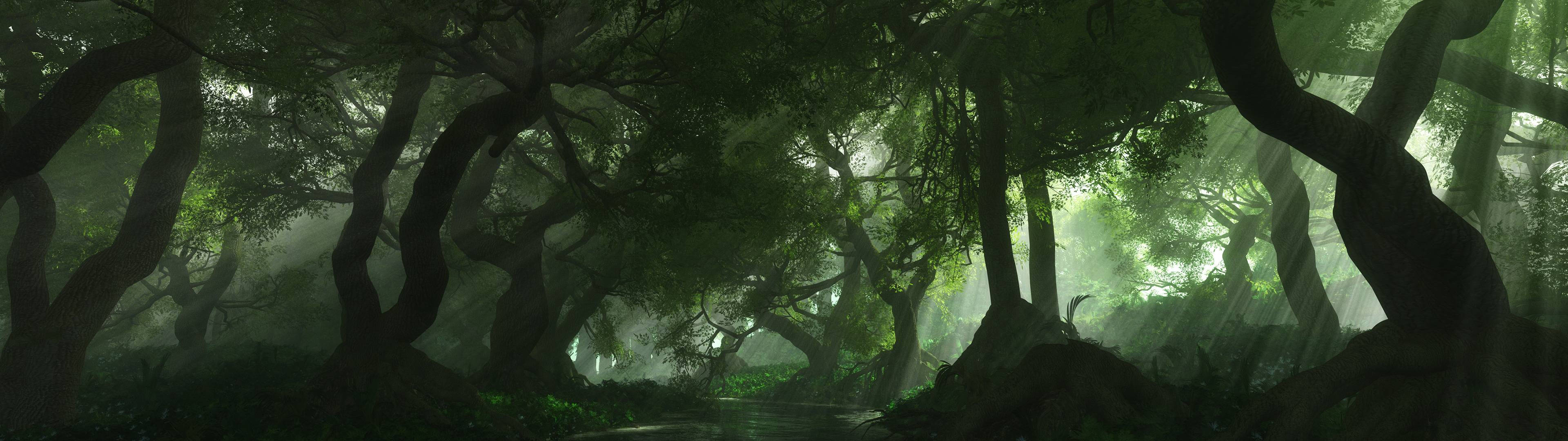 3840x1080 HD डुअल मॉनिटर जंगल वॉलपेपर