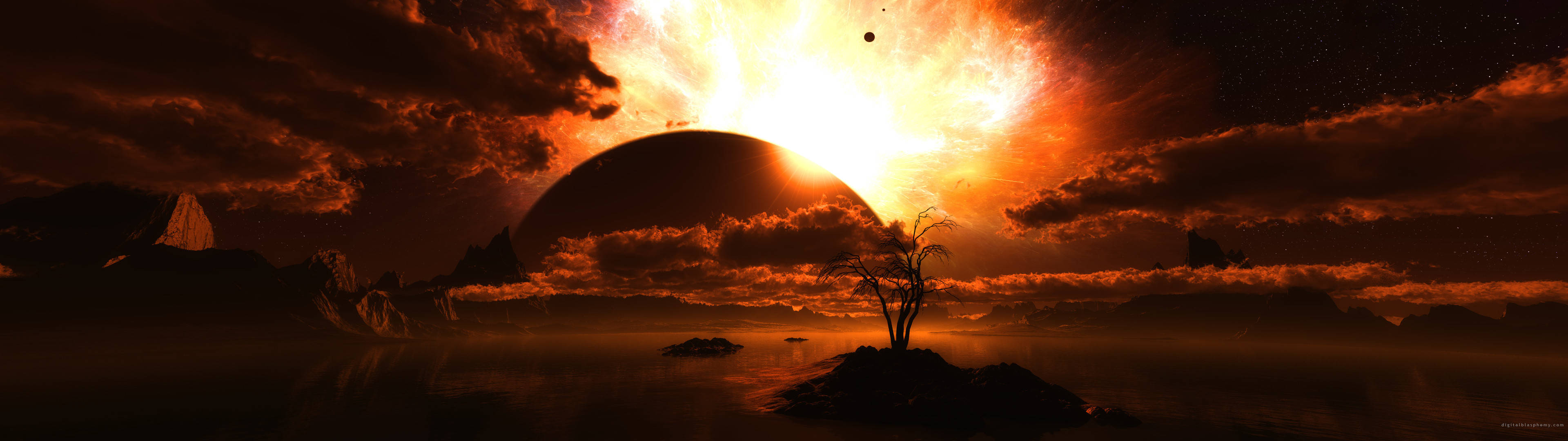 3840x1080 HD डुअल मॉनिटर झील की धूप वॉलपेपर