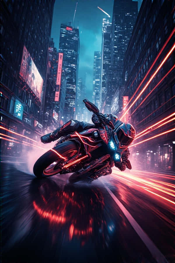 अंधेरे शहर में नियॉन मोटरसाइकिल चेज़ डायनामिक 4K वॉलपेपर