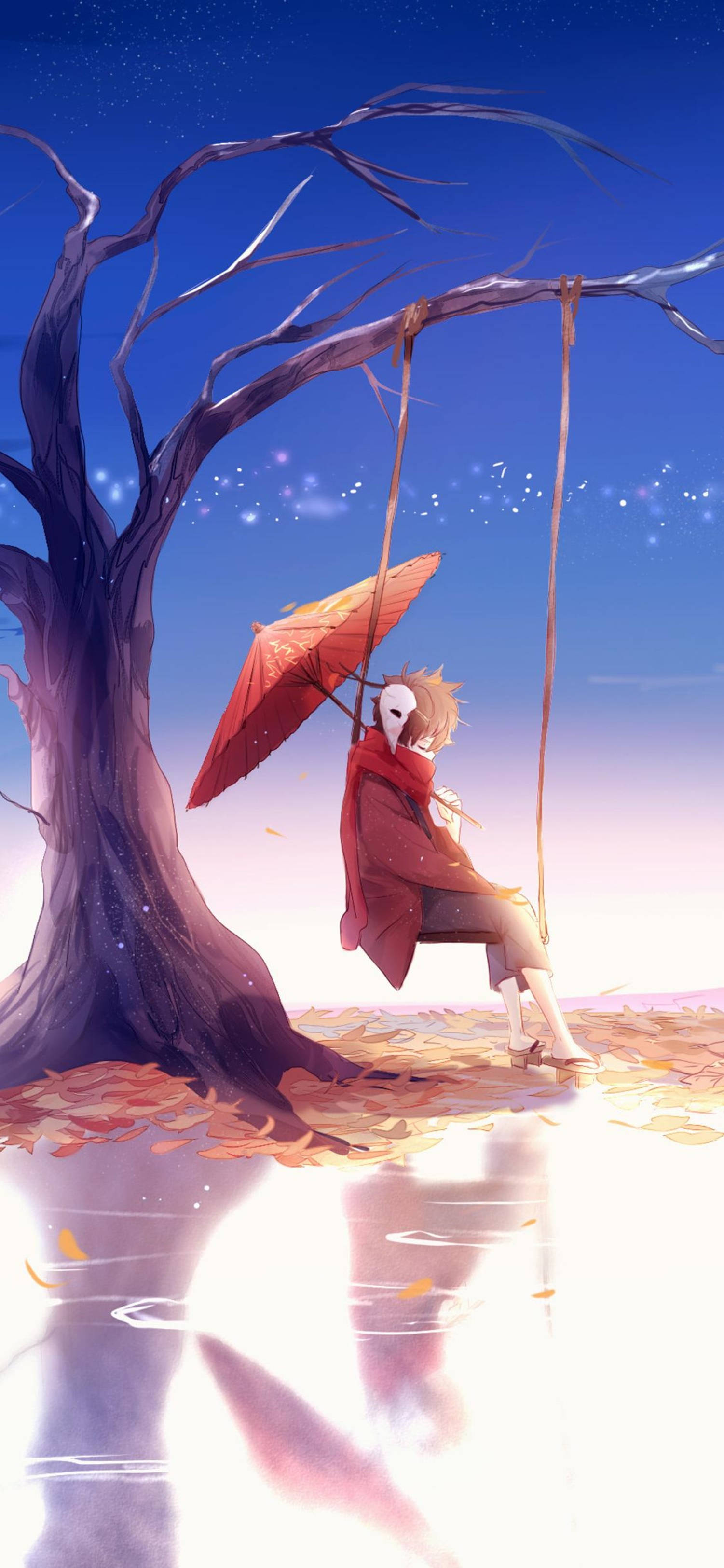 4K Anime आईफोन छाता लिए झूलते लड़के की तस्वीर वॉलपेपर