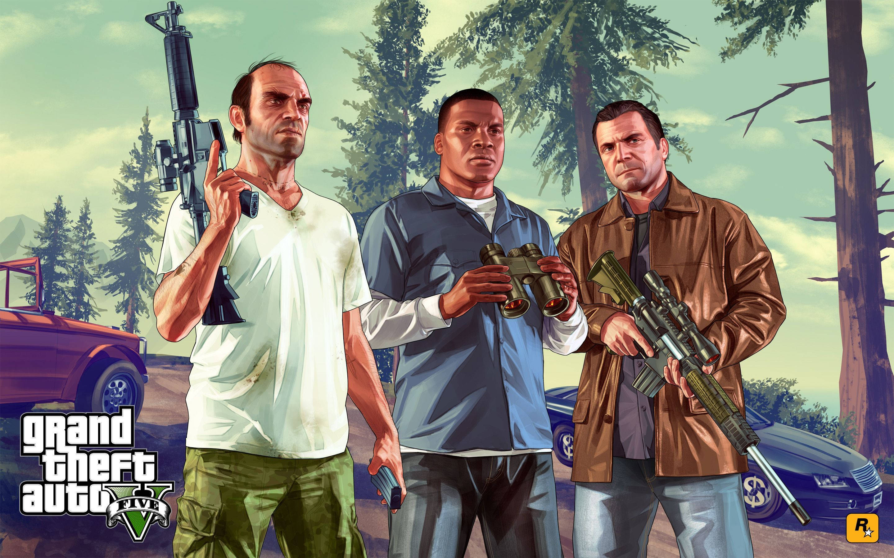 4K GTA 5 ट्रेवर फ्रैंकलिन माइकल बंदूकों के साथ वॉलपेपर