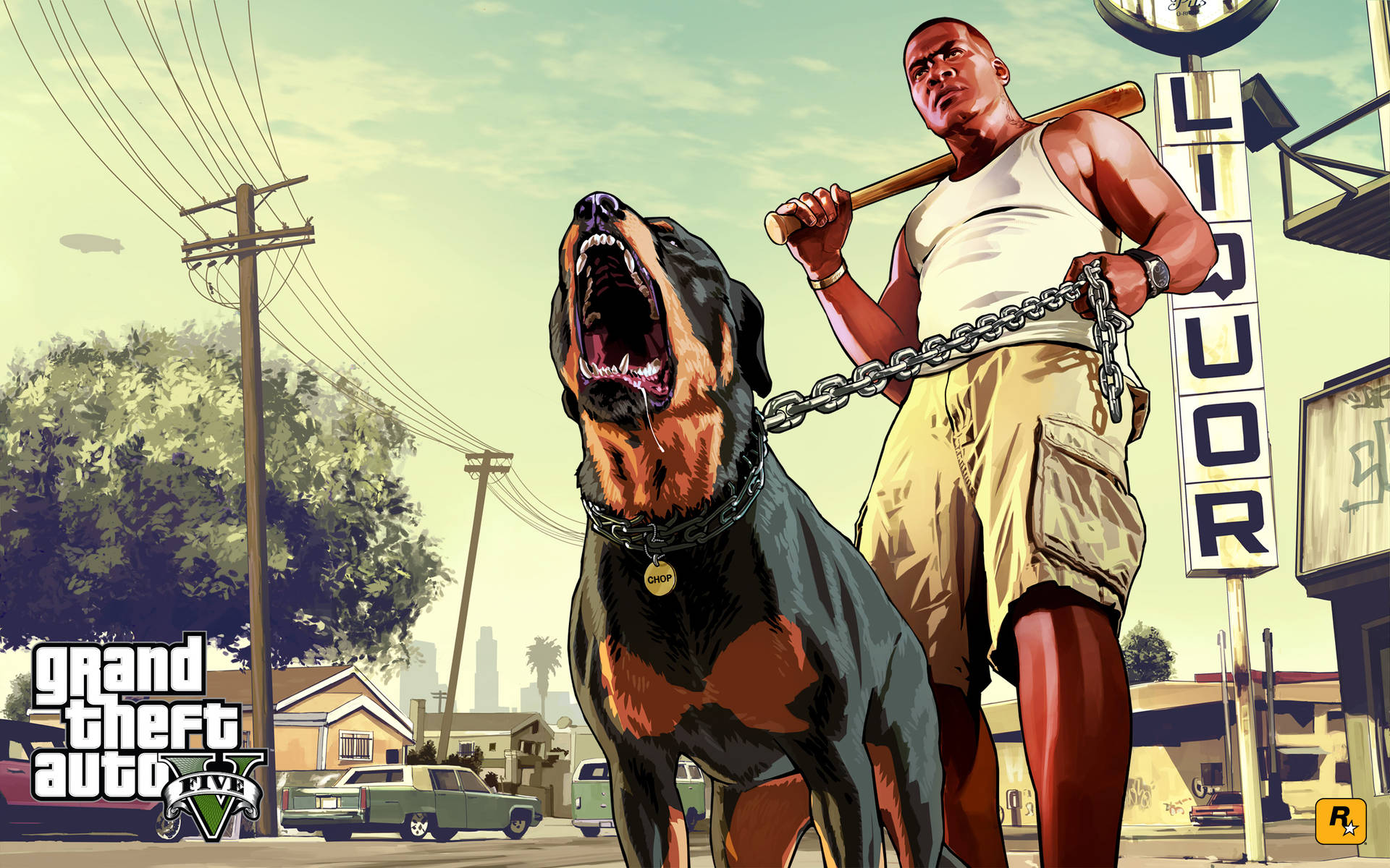 4K GTA 5 फ्रैंकलिन चॉप को पकड़े हुए — जीटीए वॉलपेपर