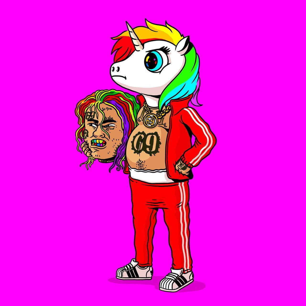 इंद्रधनुषी यूनिकॉर्न के साथ 6ix9ine वॉलपेपर