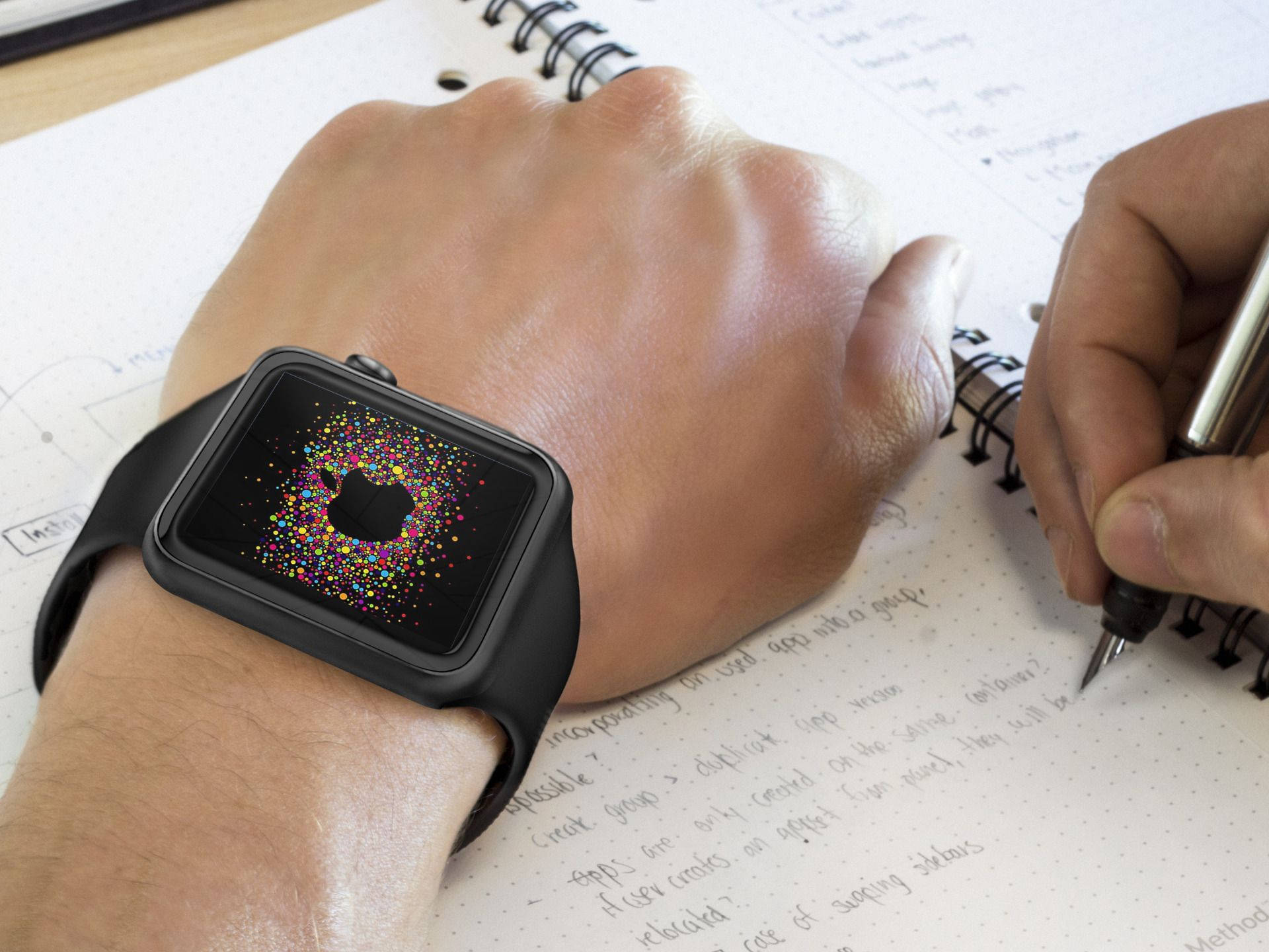 काले सिलिकॉन पट्टी के साथ Apple Watch वॉलपेपर