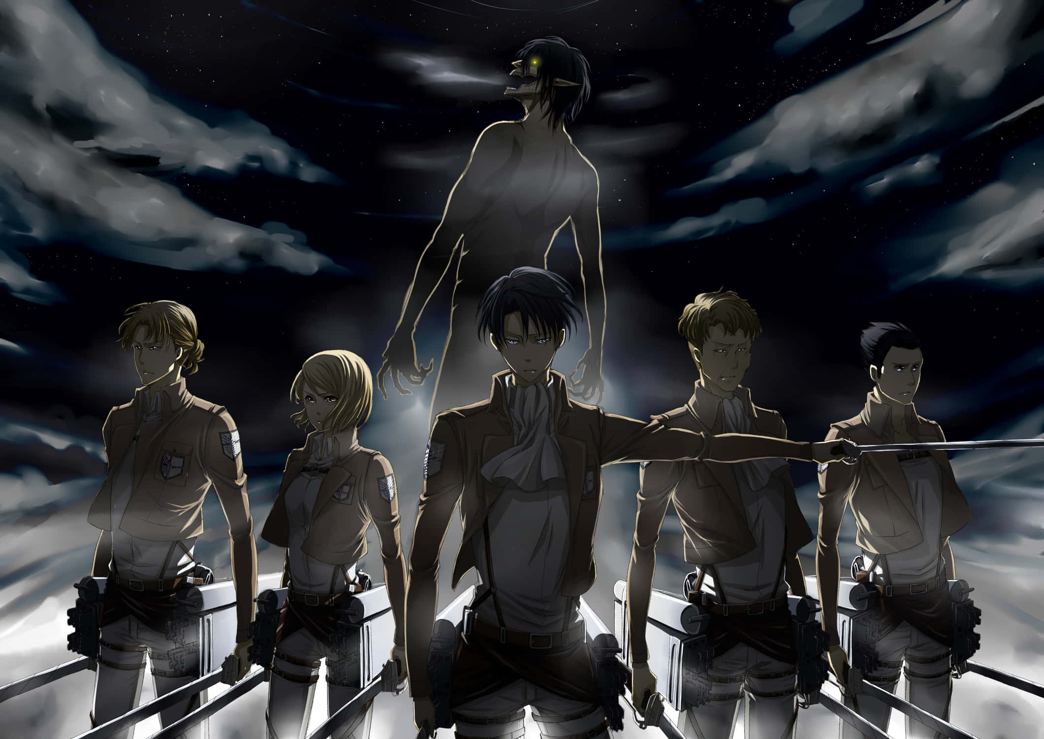 “एक टाइटन मानवता की लड़ाई में शामिल होने के लिए तैयार खड़ा है - Attack on Titan” वॉलपेपर