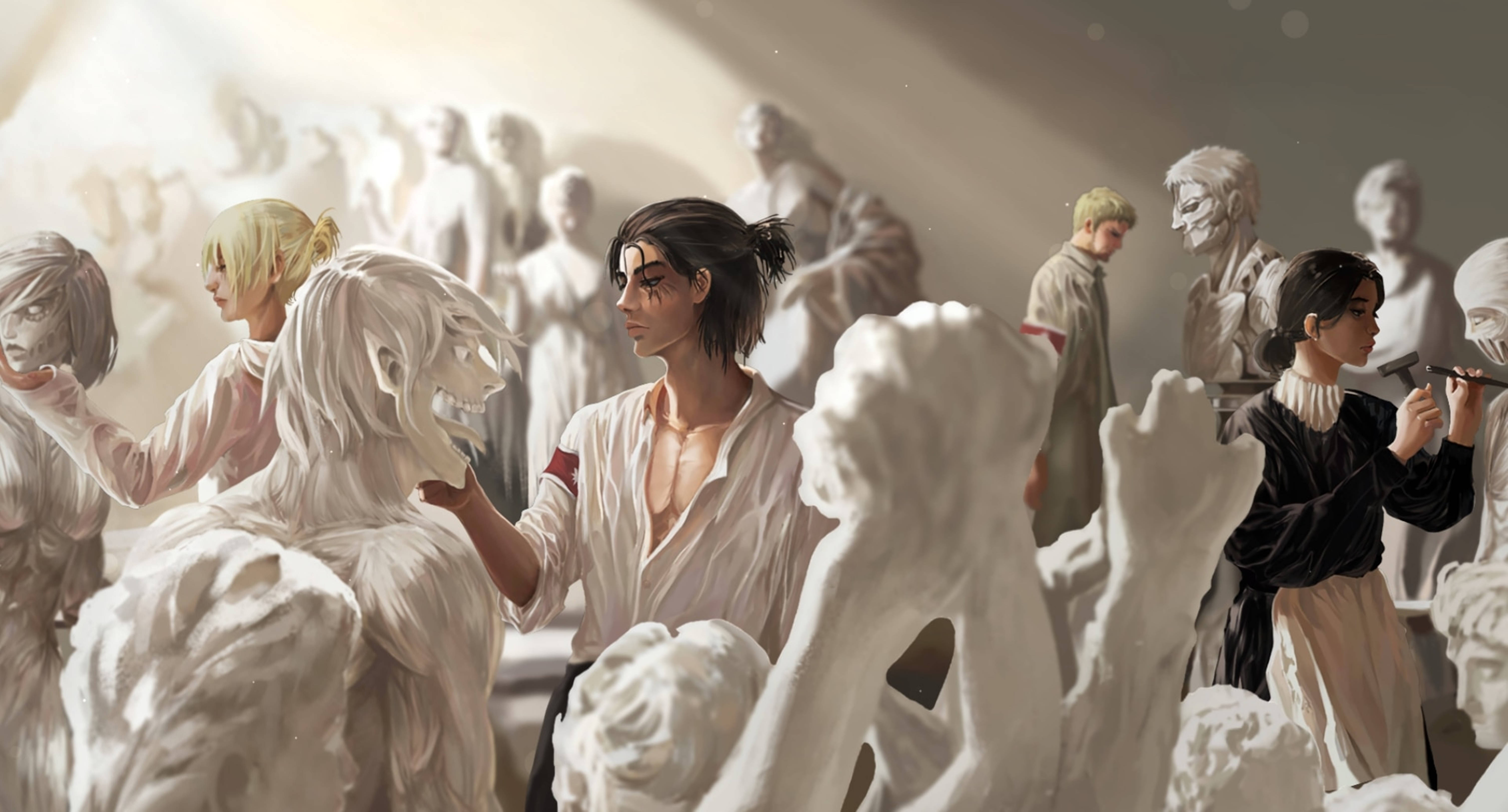 Attack On Titans 4K पत्थर की मूर्ति — एनीमे लड़का वॉलपेपर