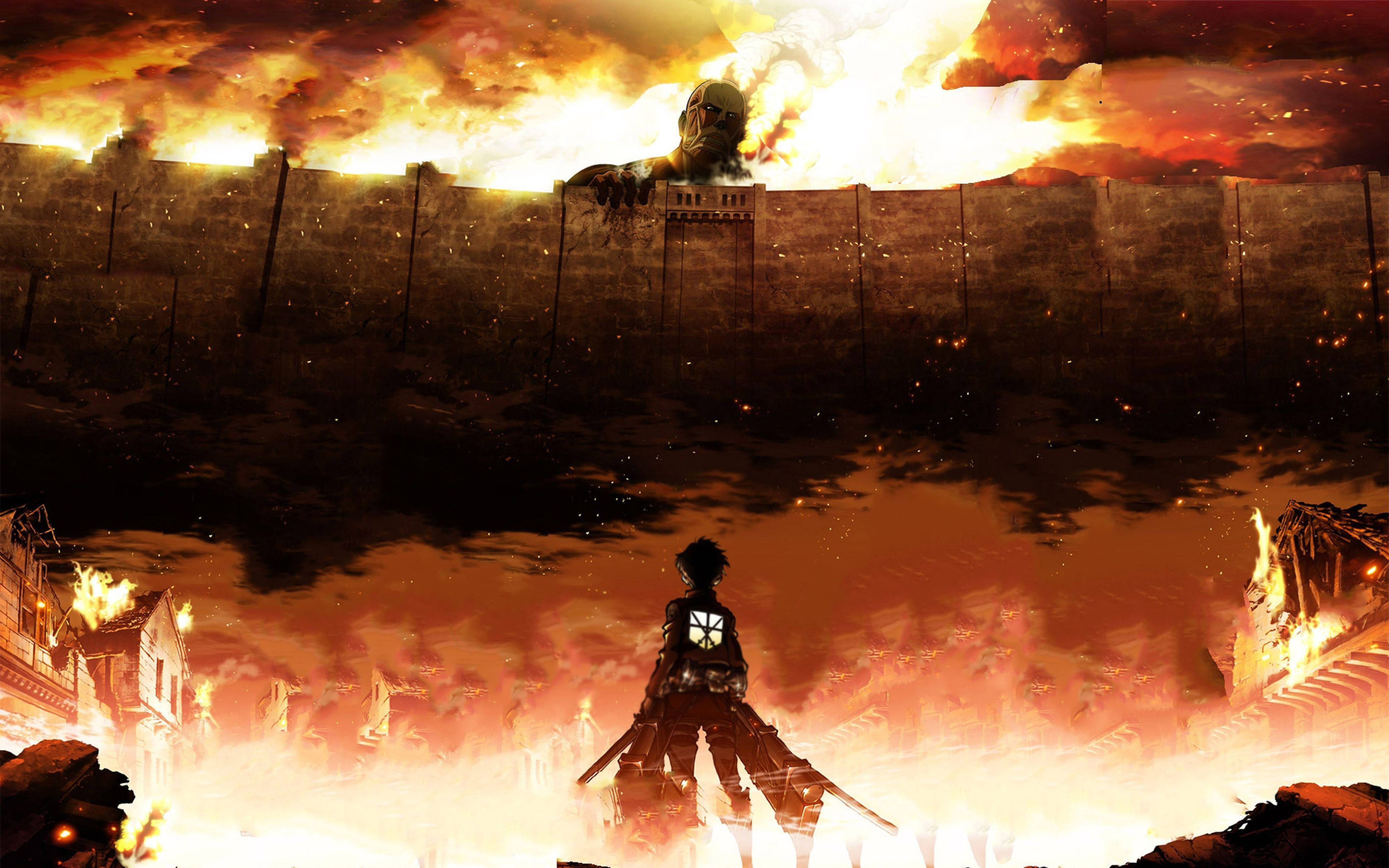 Attack on Titans का 4K में तीव्र क्षण, Eren अपने Steam Titan रूप में — अटैक ऑन टाइटन वॉलपेपर