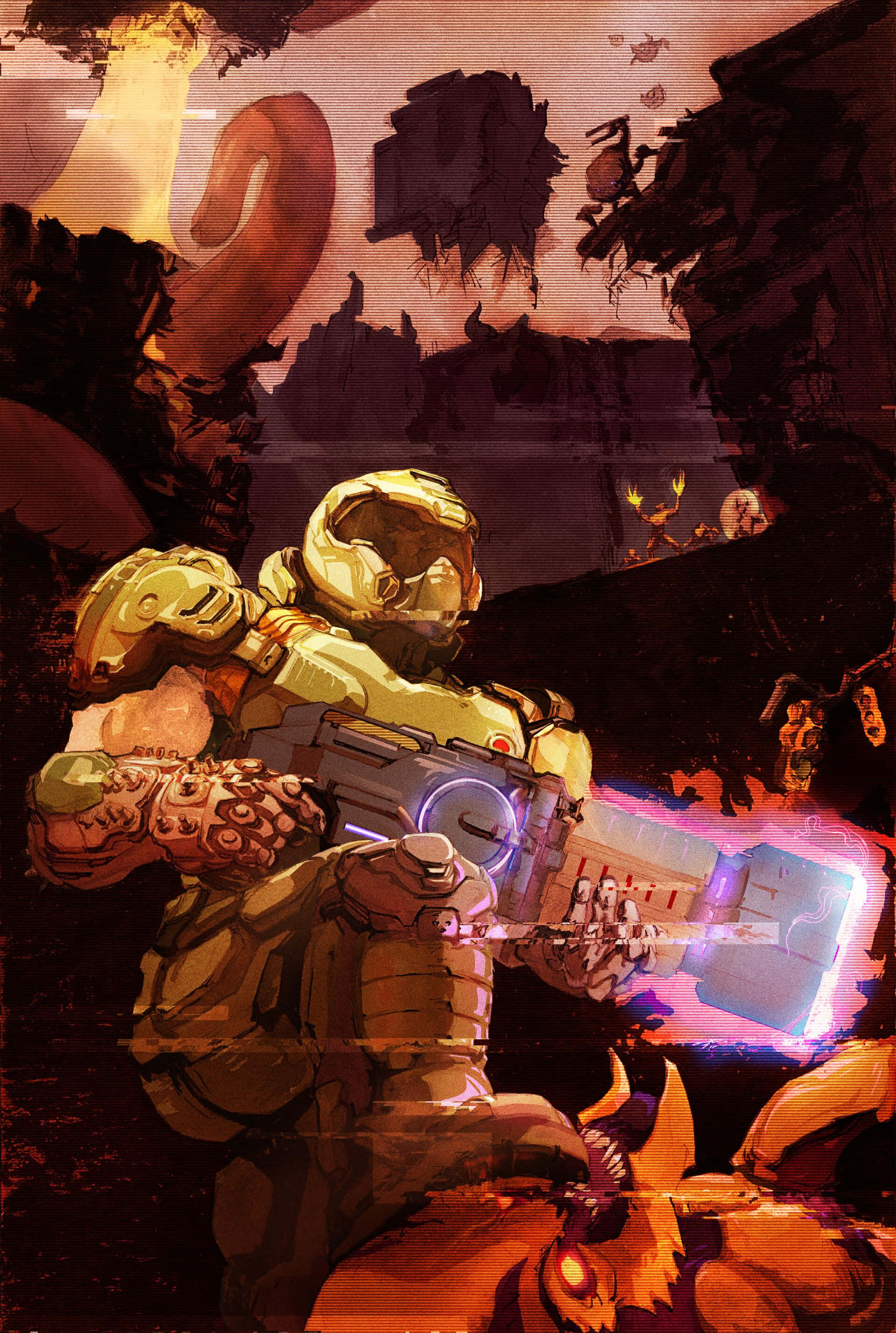 DOOM ब्रह्मांड में तीव्र युद्ध दृश्य वॉलपेपर