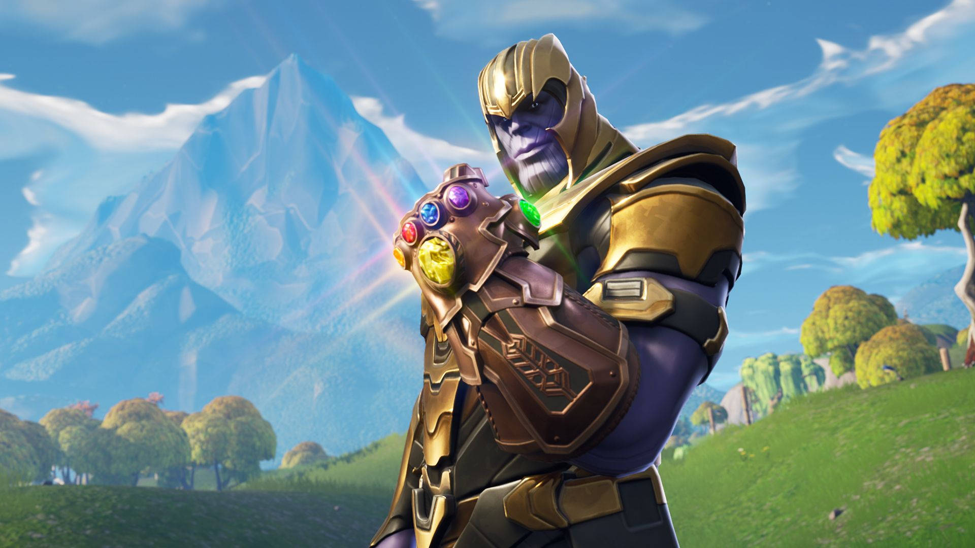 Fortnite में Thanus इन्फिनिटी गौंटलेट पकड़े हुए HD वॉलपेपर।