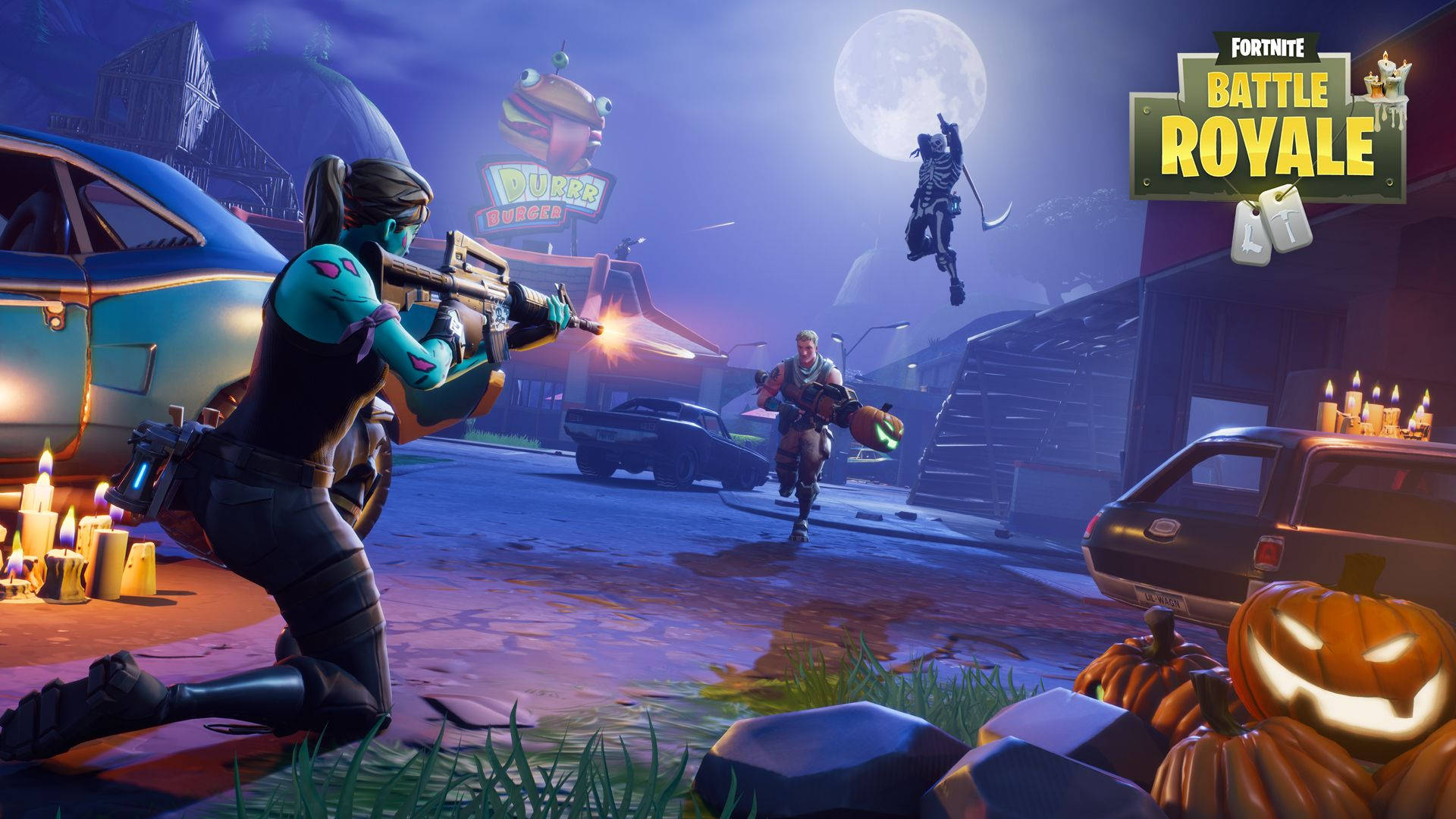 Fortnite वॉलपेपर में रात के दौरान तीन पात्रों के बीच लड़ाई।