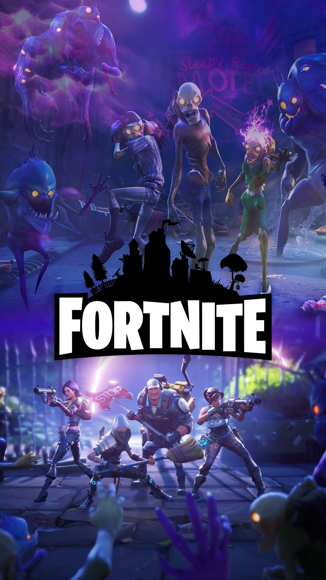 ज़ोंबी और इंसान एक-दूसरे से लड़ रहे हैं Fortnite लोगो HD वॉलपेपर के साथ।