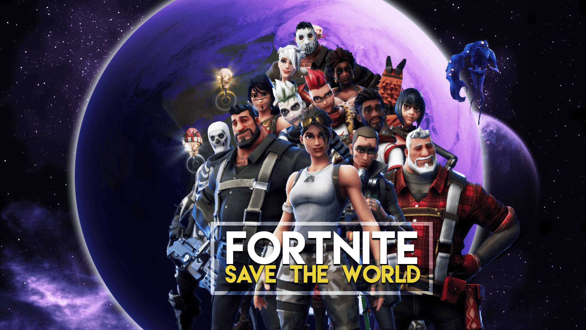 Fortnite के सेव द वर्ल्ड मोड के कई पात्रों का ग्रह वॉलपेपर के साथ संकलन।
