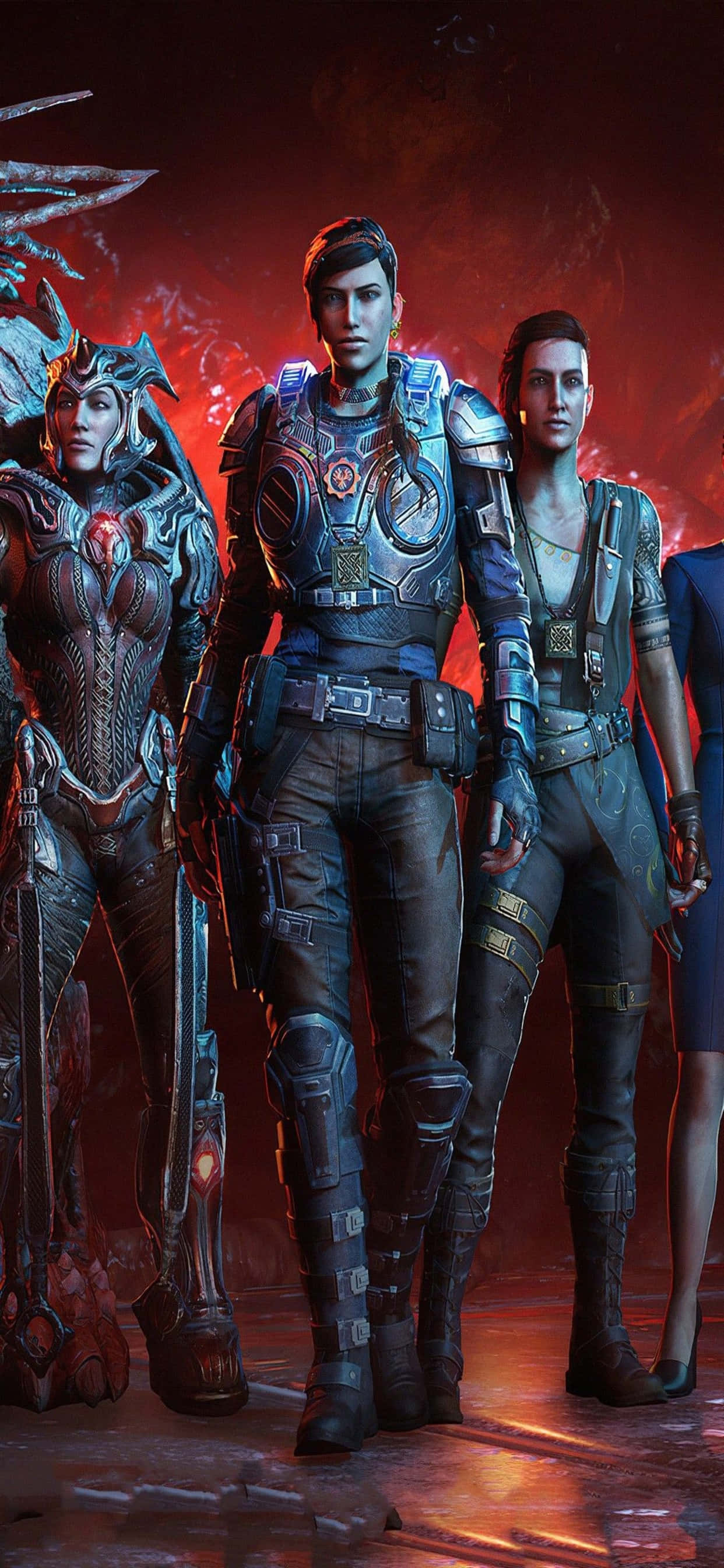 Gears of War 5 पृष्ठभूमि के साथ iPhone Xs Max पर प्रदर्शित महाकाव्य युद्ध दृश्य वॉलपेपर