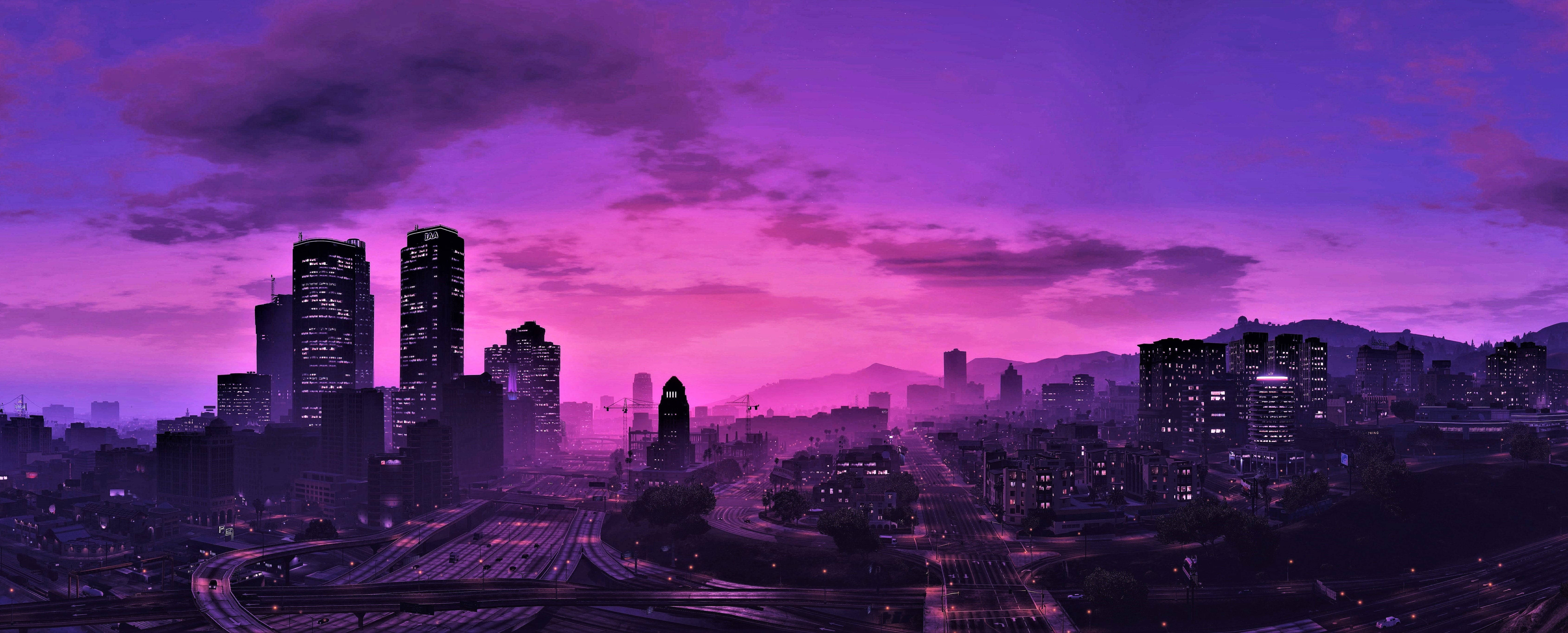 GTA 5 बैंगनी स्काईलाइन 1080p गेमिंग वॉलपेपर