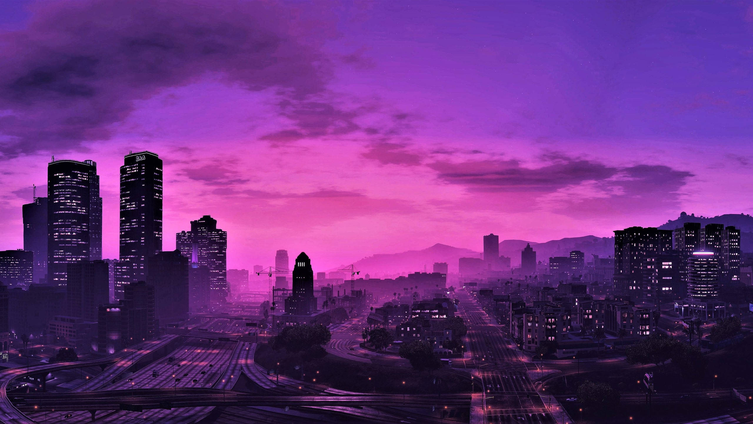 GTA 5 2560x1440 रात का बैंगनी आसमान वॉलपेपर