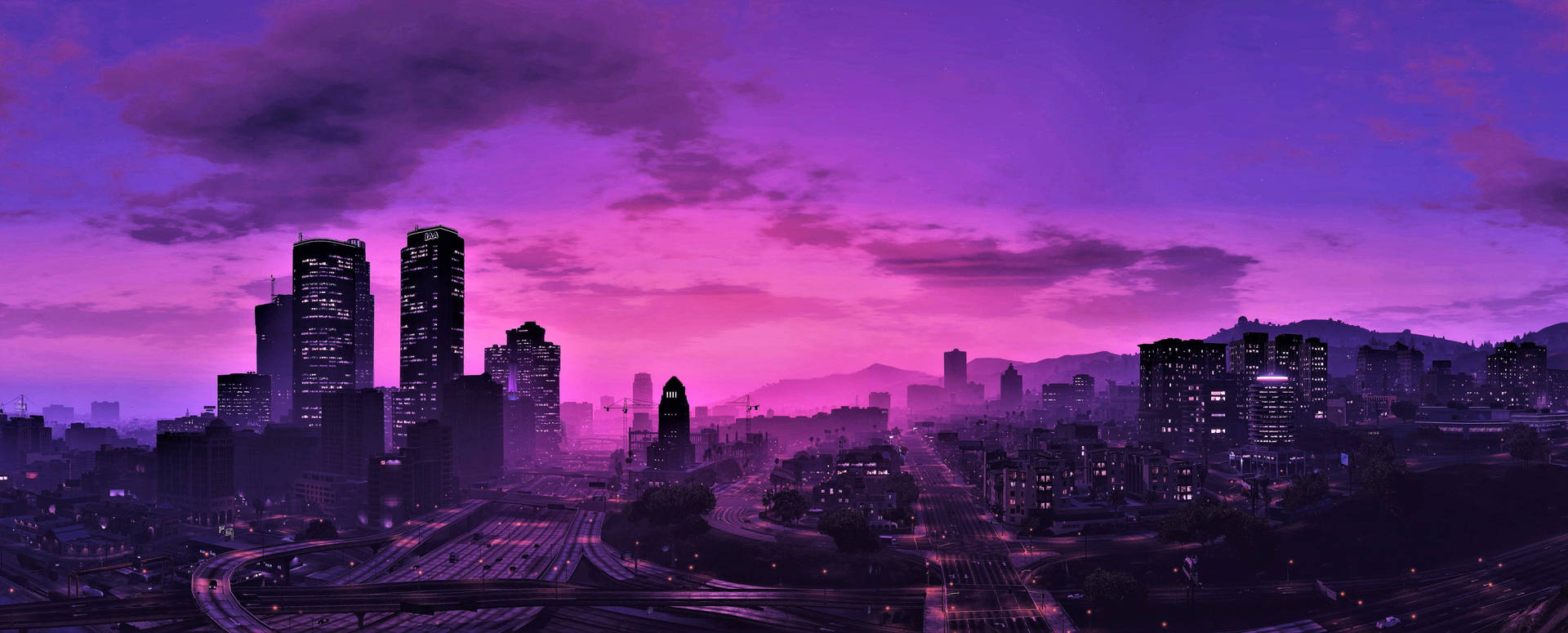 GTA 5 बैंगनी स्काईलाइन 1080p गेमिंग — गेमिंग GIF वॉलपेपर