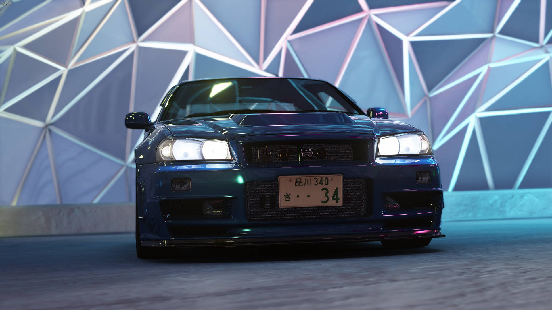 निसान स्काईलाइन GTR R34 ज्यामितीय पृष्ठभूमि वॉलपेपर