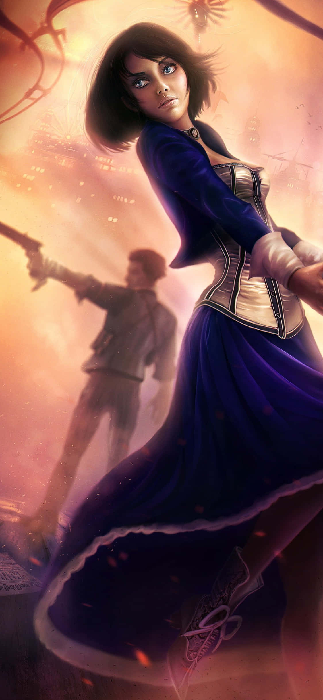 iPhone X Bioshock Infinite बैकग्राउंड फैनआर्ट पेंटिंग बुकर और एलिजाबेथ वॉलपेपर