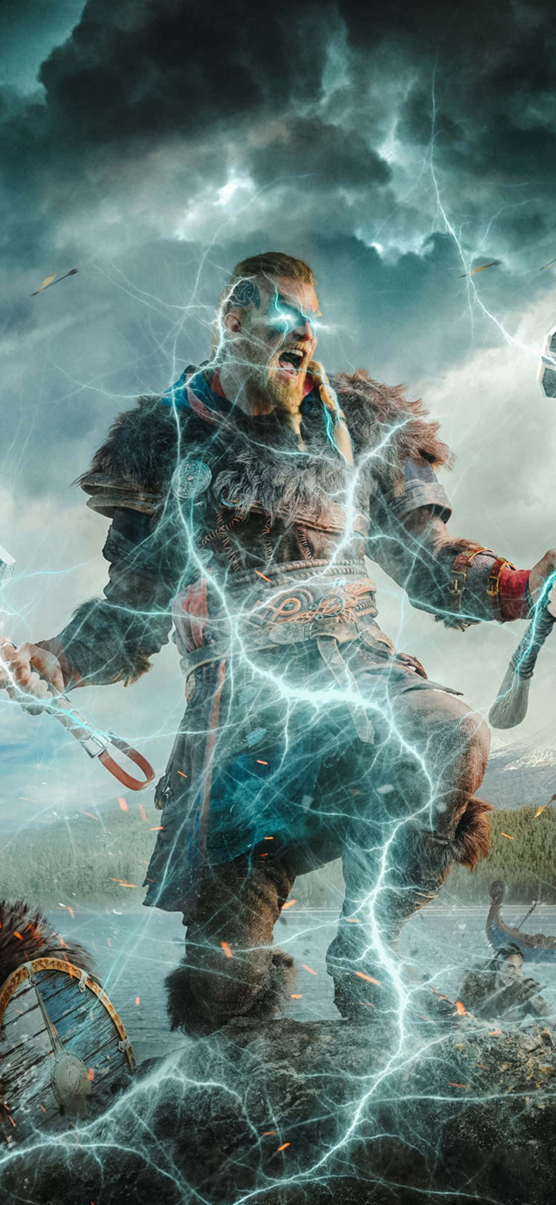 iPhone Xs Assassin's Creed Valhalla ईवर बिजली प्रभाव बैकग्राउंड वॉलपेपर