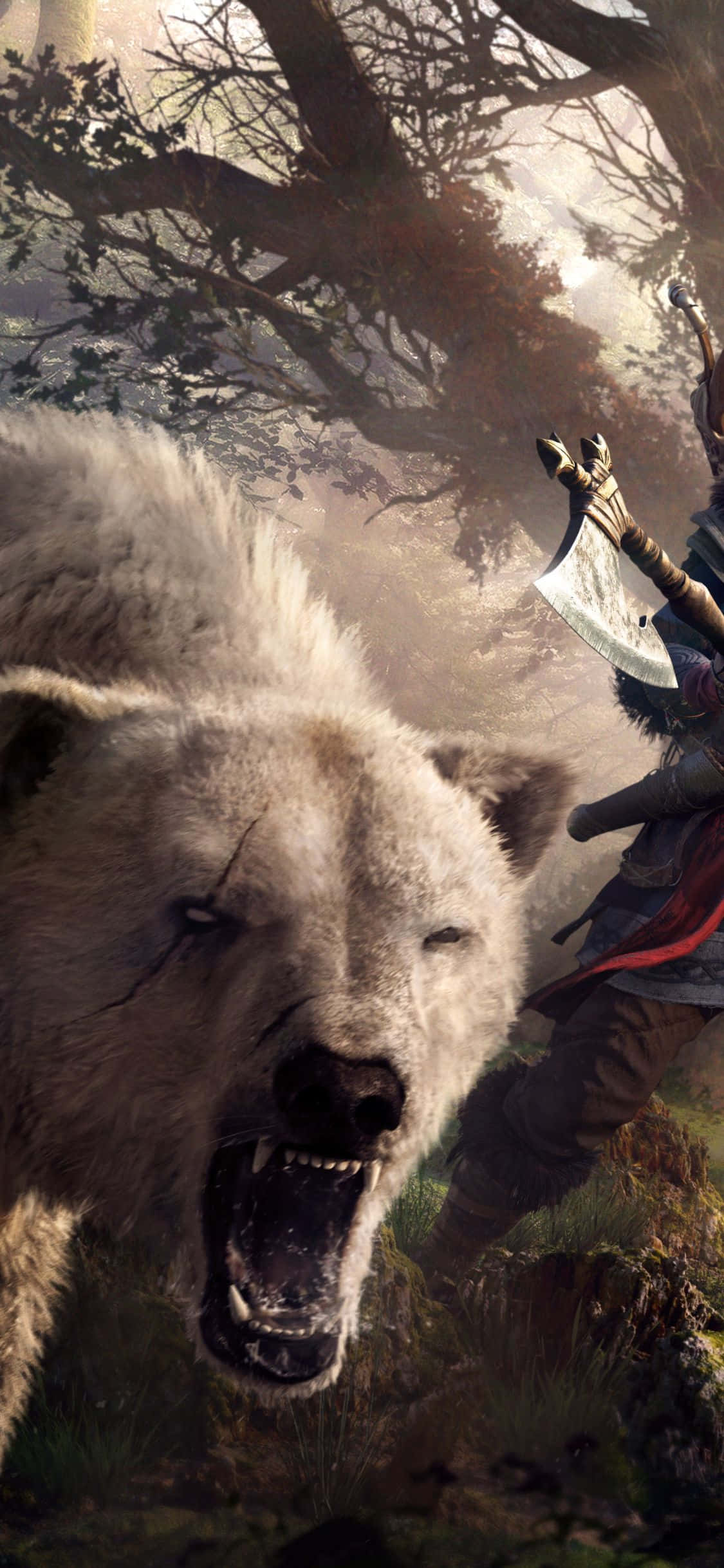 iPhone Xs Assassin's Creed Valhalla सफेद भालू दहाड़ता हुआ बैकग्राउंड वॉलपेपर