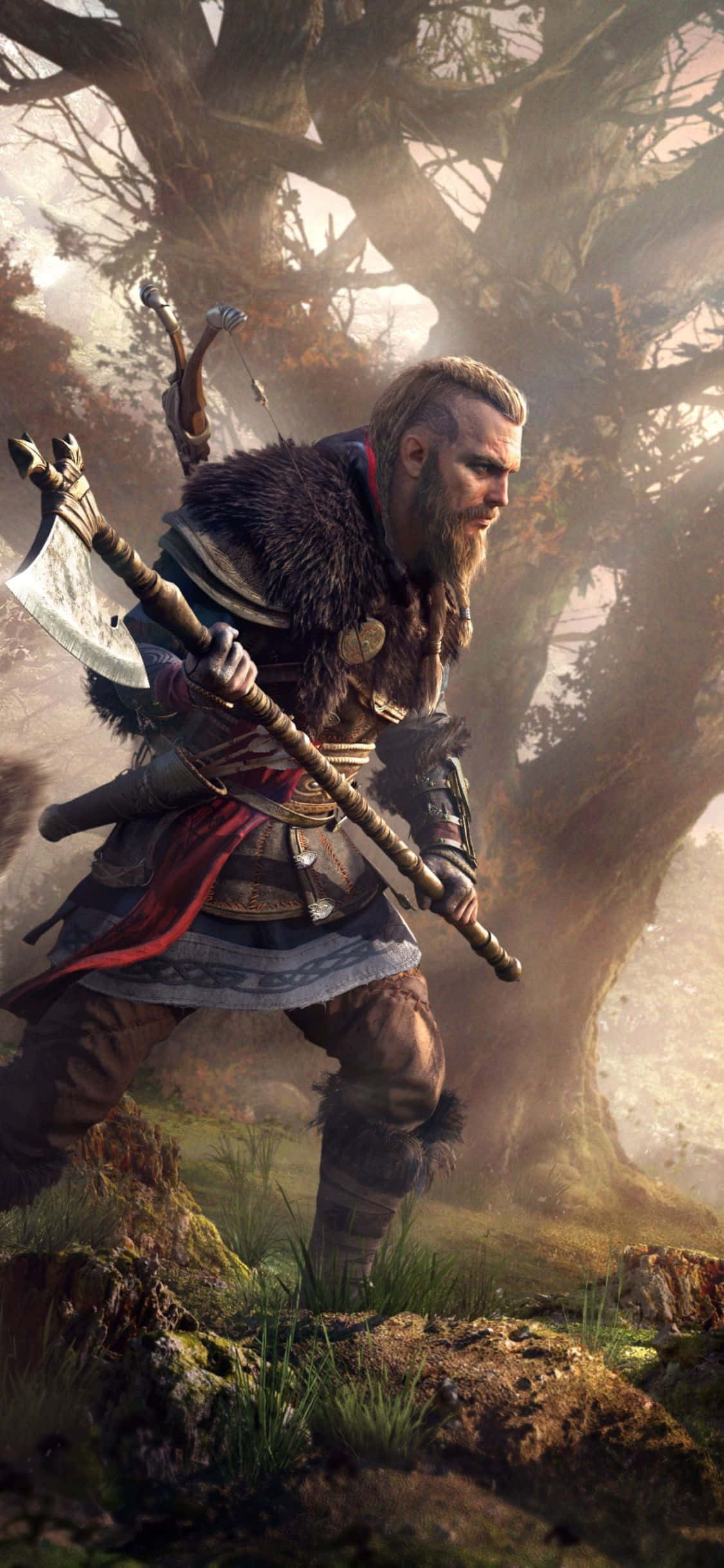 iPhone XS Assassin's Creed Valhalla विशाल कुल्हाड़ी के साथ Eivor बैकग्राउंड वॉलपेपर