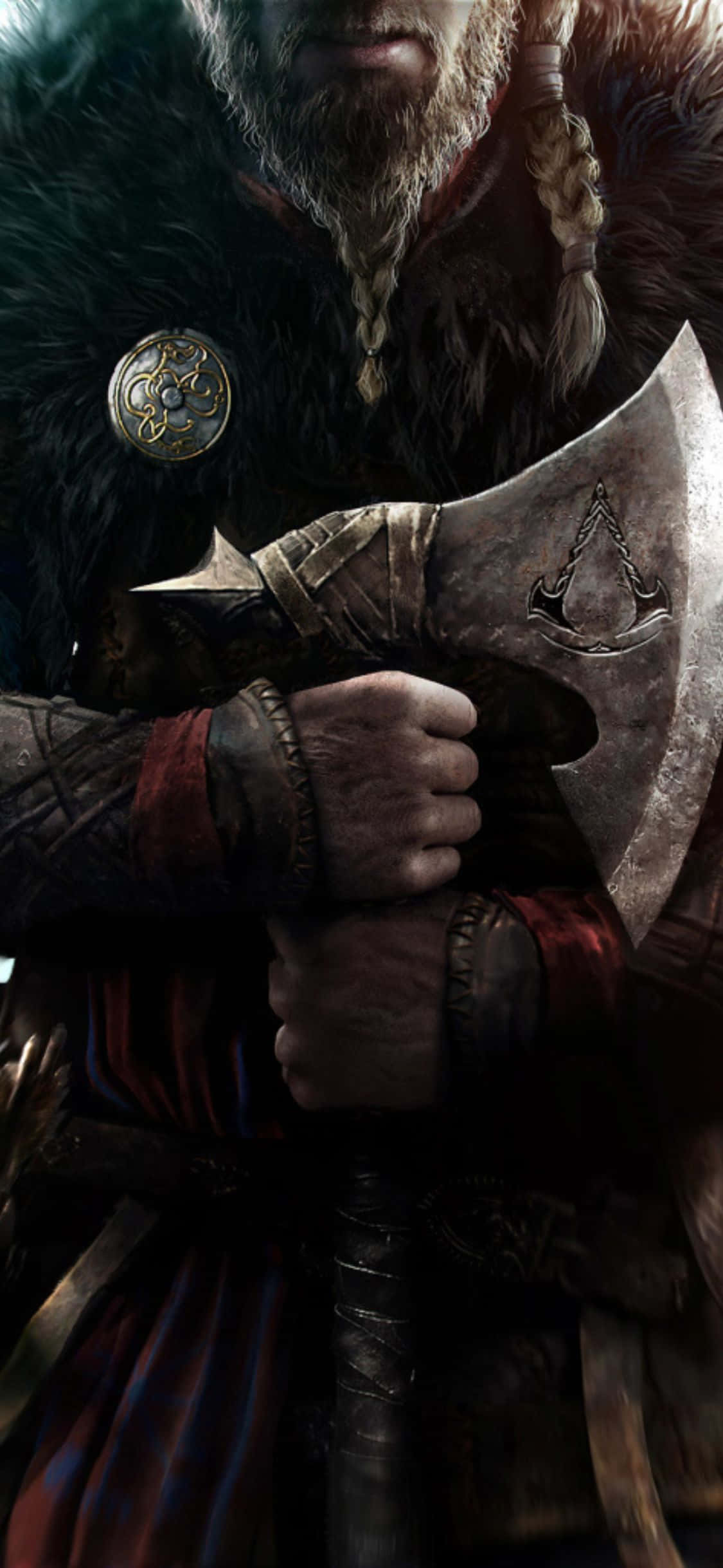 iPhone Xs Assassin's Creed Valhalla कुल्हाड़ी पकड़े वाइकिंग योद्धा बैकग्राउंड वॉलपेपर
