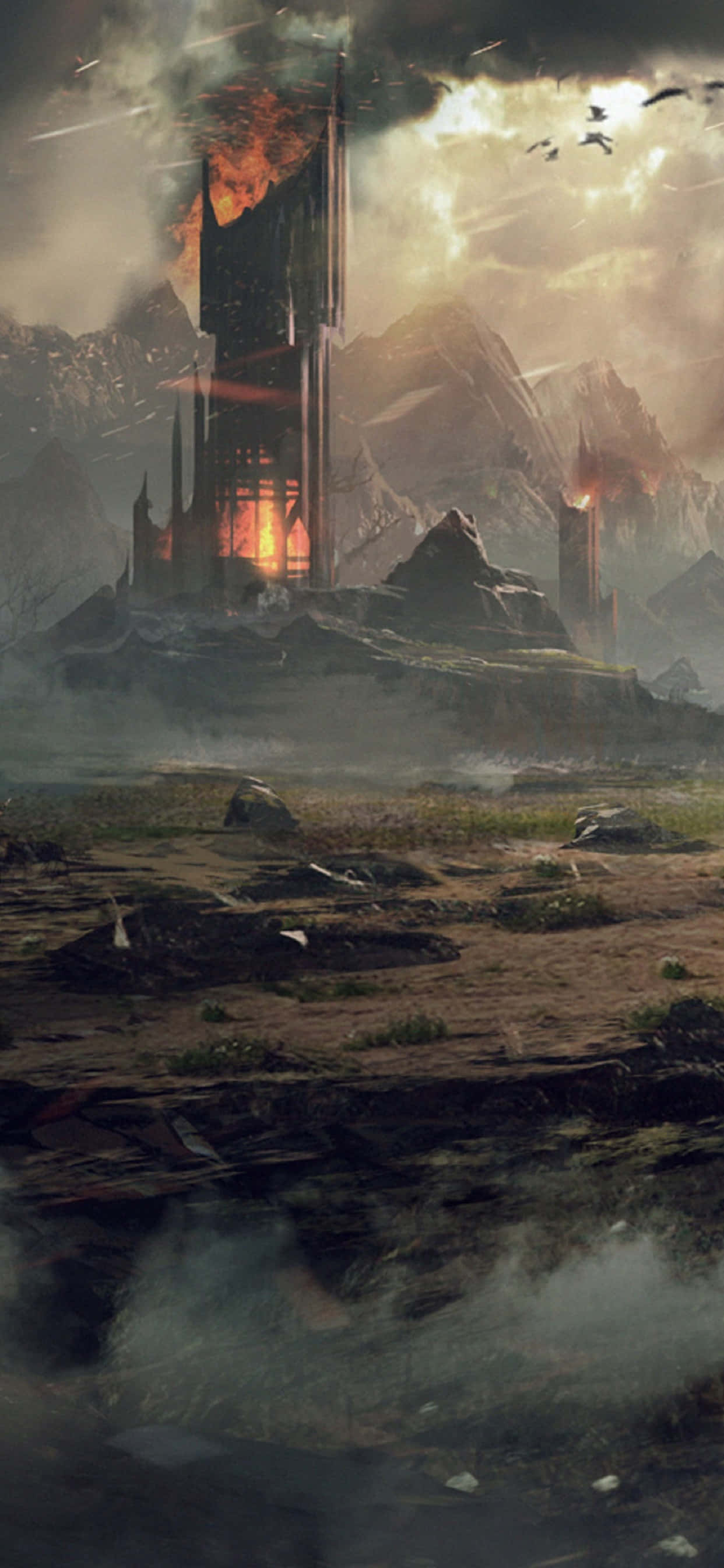 iPhone XS Max पर महाकाव्य युद्ध दृश्य जो Shadow of Mordor बैकग्राउंड दर्शाता है वॉलपेपर