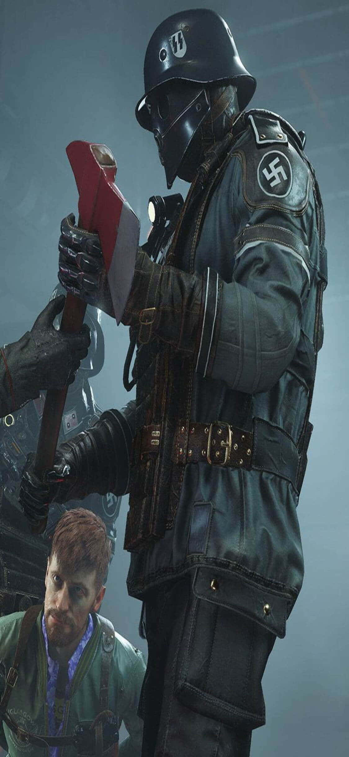iPhone Xs Wolfenstein II नाजी सैनिक कुल्हाड़ी बैकग्राउंड वॉलपेपर