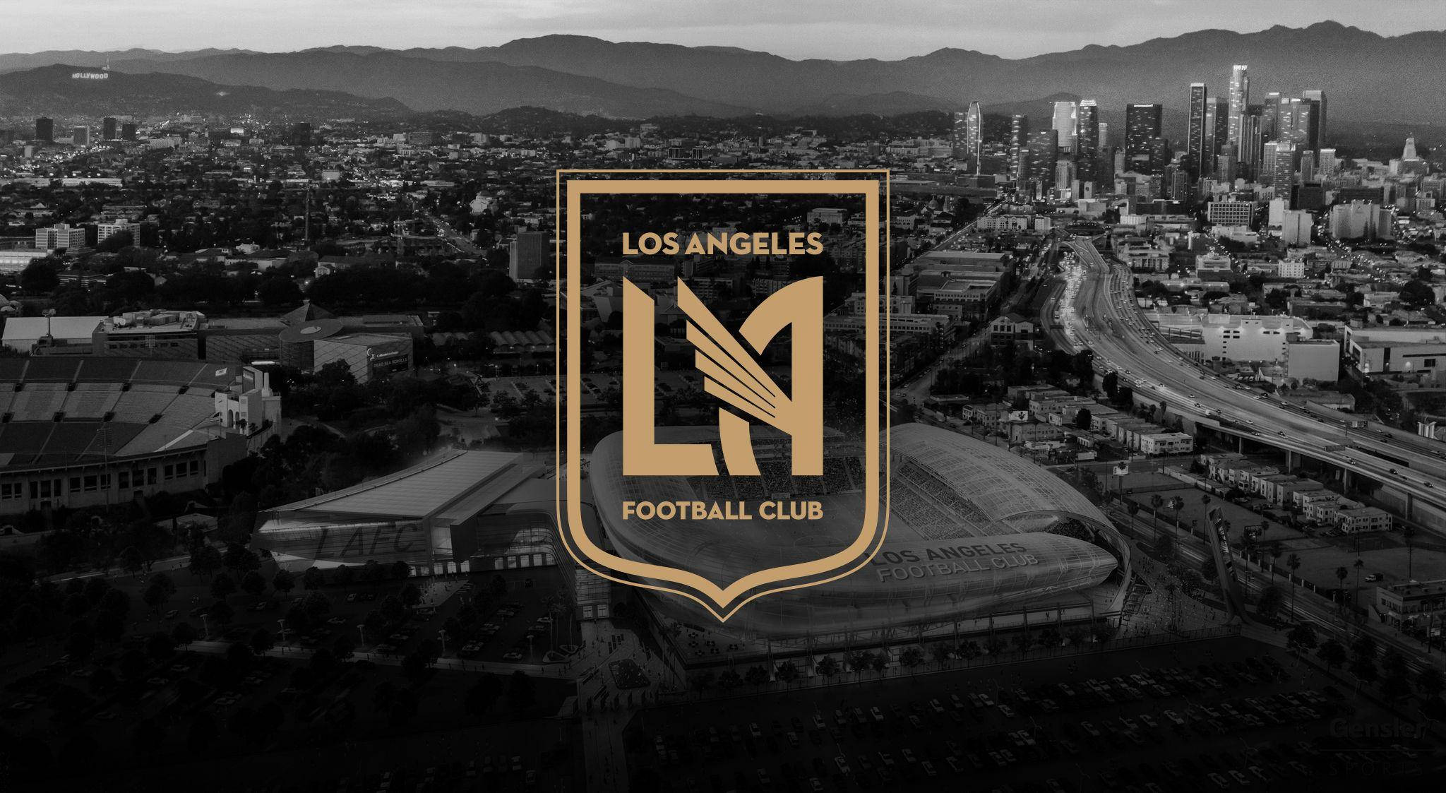 LAFC लोगो के साथ काले और सफेद शहर का दृश्य वॉलपेपर
