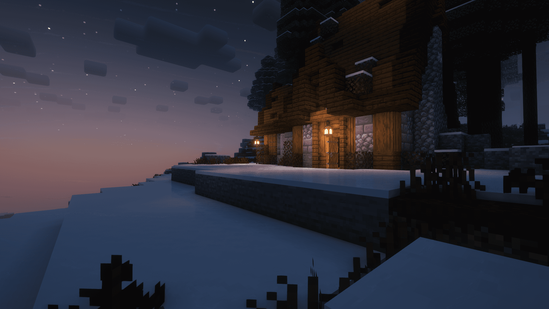 Minecraft बर्फ से ढका केबिन वॉलपेपर