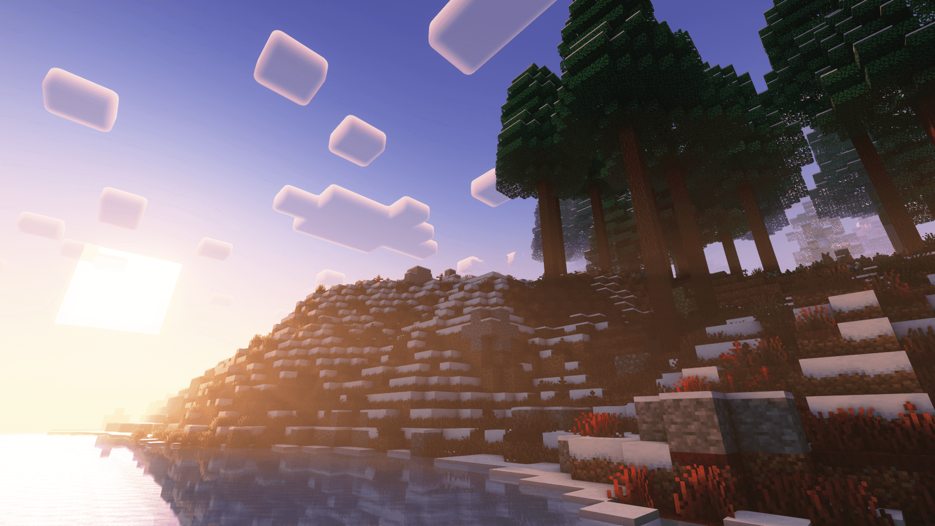 Minecraft शीतकालीन सूर्यास्त एक ग्रोव के बगल में वॉलपेपर