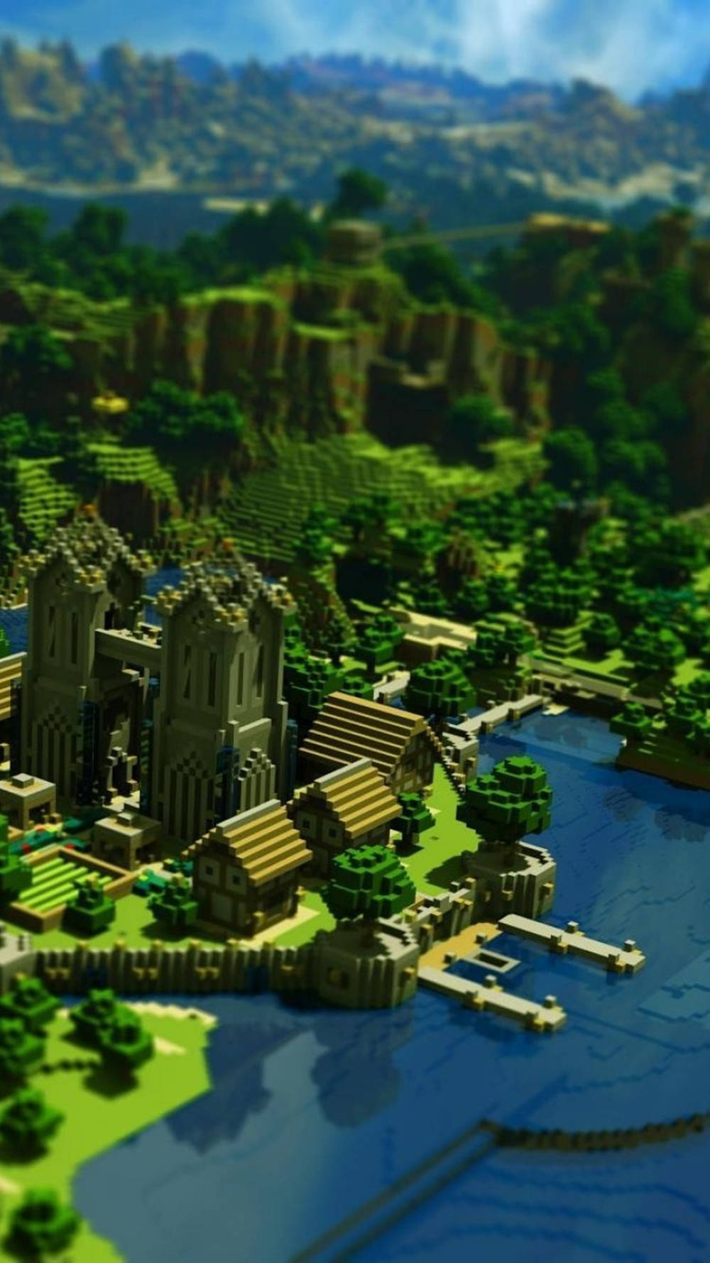 Minecraft फोन हरा शहर ऊपर से दृश्य वॉलपेपर