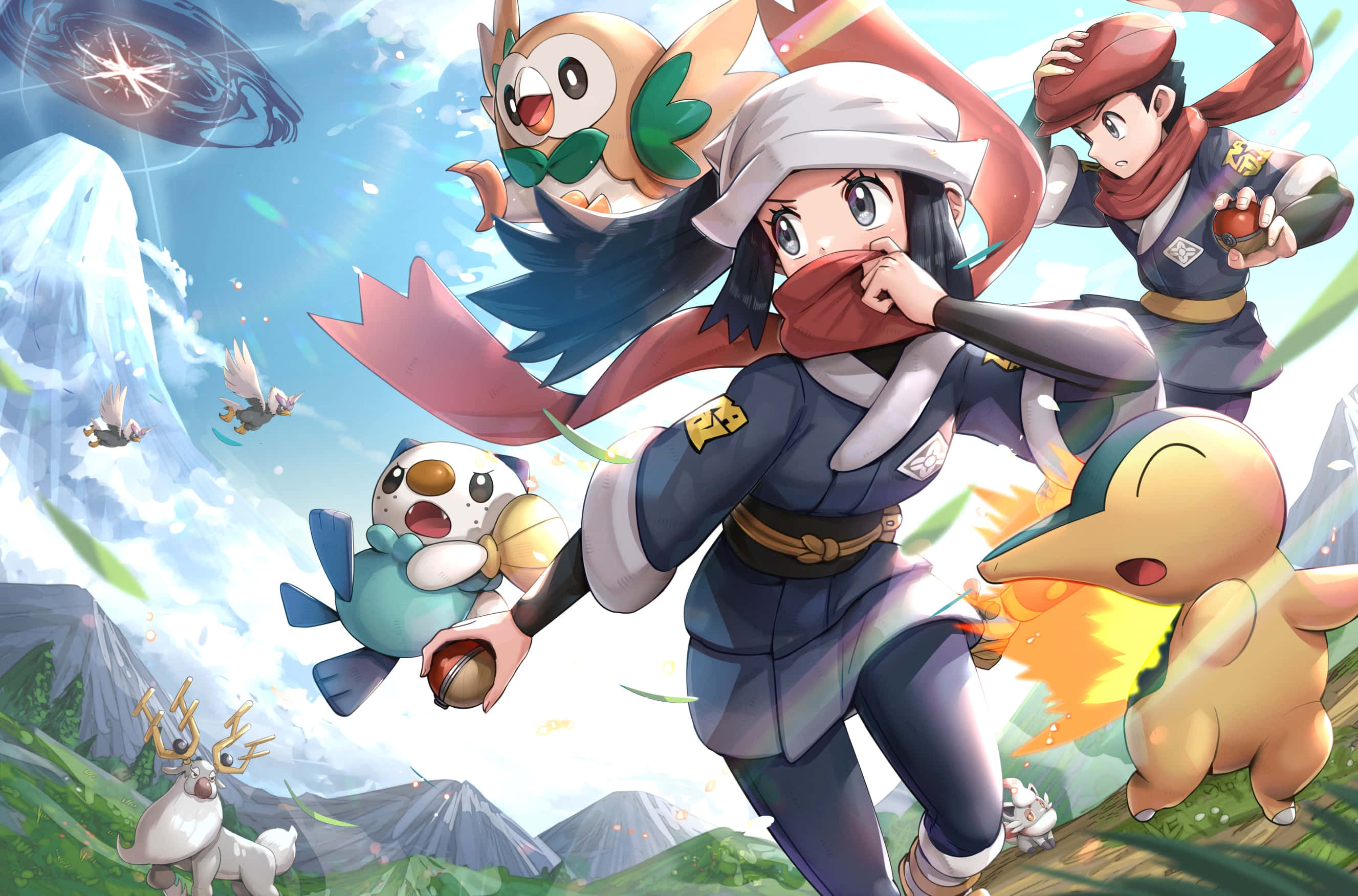 Pokémon Legends Arceus के पात्र उड़ते ब्रेवियरी के साथ वॉलपेपर