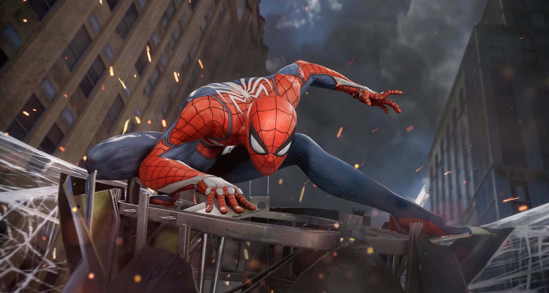 मार्वल PS4 स्पाइडरमैन मलबे पर पोज़ देते हुए वॉलपेपर