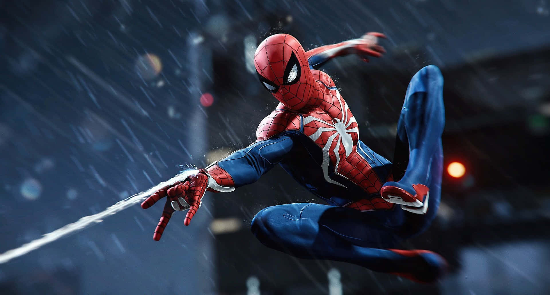 मार्वल PS4 स्पाइडरमैन बारिश में जाला छोड़ते हुए वॉलपेपर