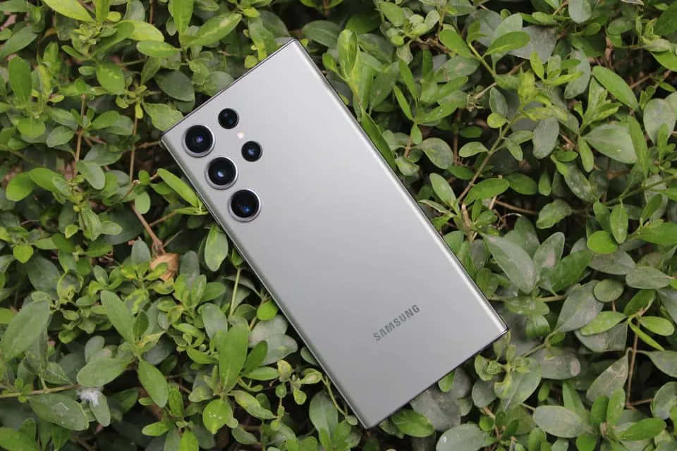 Samsung S23 Ultra हरी पत्तियों की पृष्ठभूमि पर वॉलपेपर
