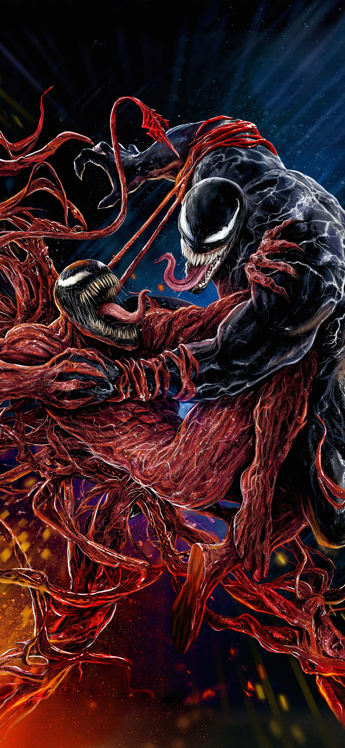 venom एक लाल रंग के प्राणी से लड़ रहा है वॉलपेपर