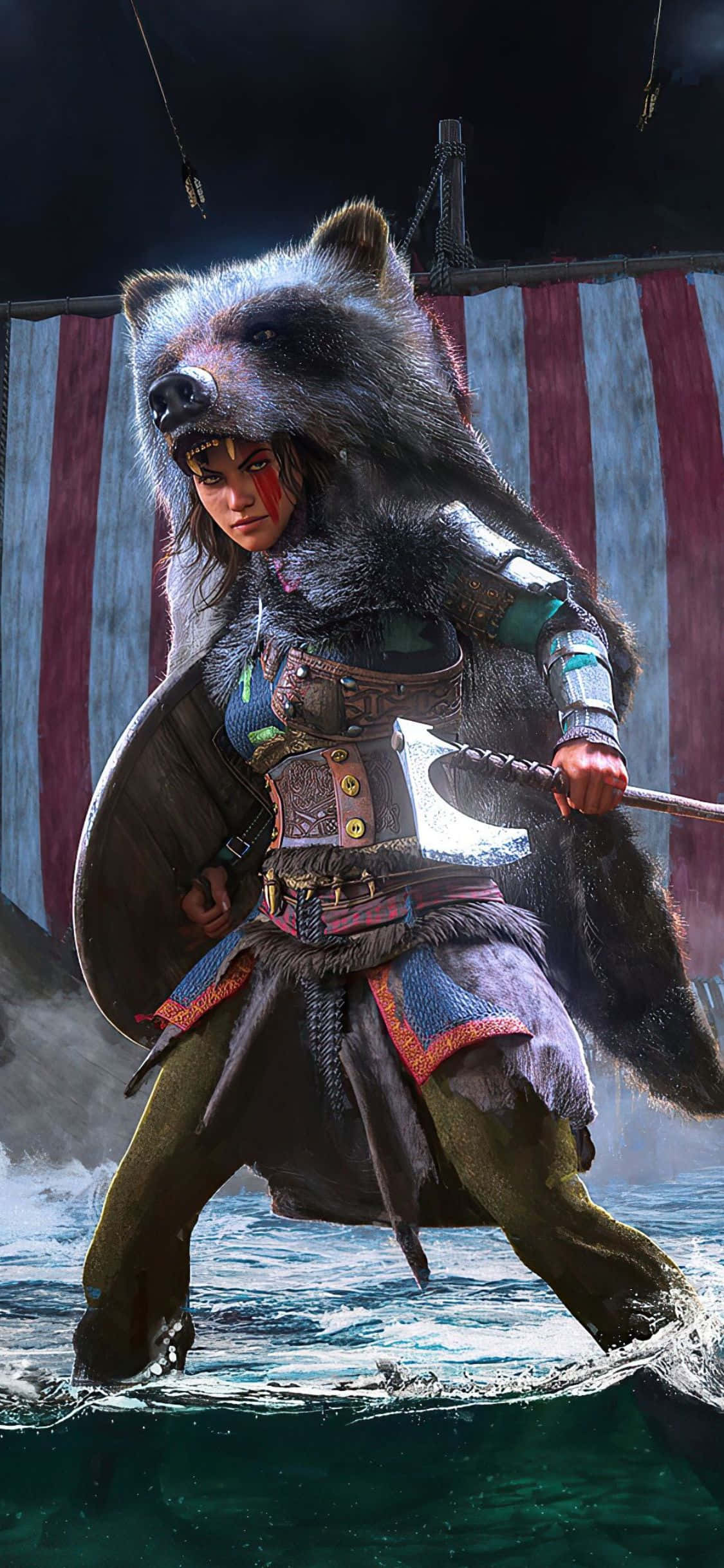आईफोन Xs Assassin's Creed Valhalla भालू टोपी वाली वाइकिंग महिला पृष्ठभूमि वॉलपेपर