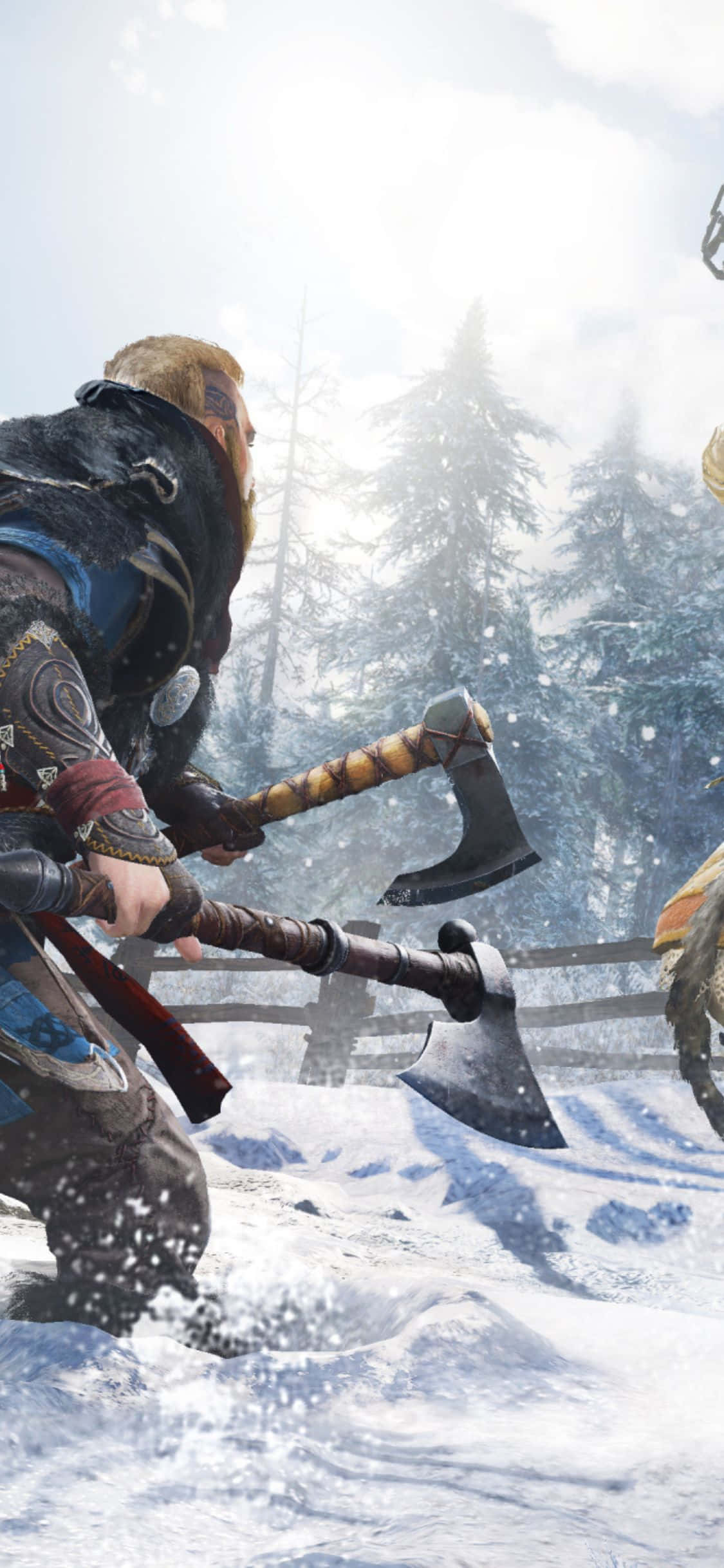 आईफोन Xs Assassin's Creed Valhalla दो कुल्हाड़ियाँ चलाता व्यक्ति पृष्ठभूमि वॉलपेपर