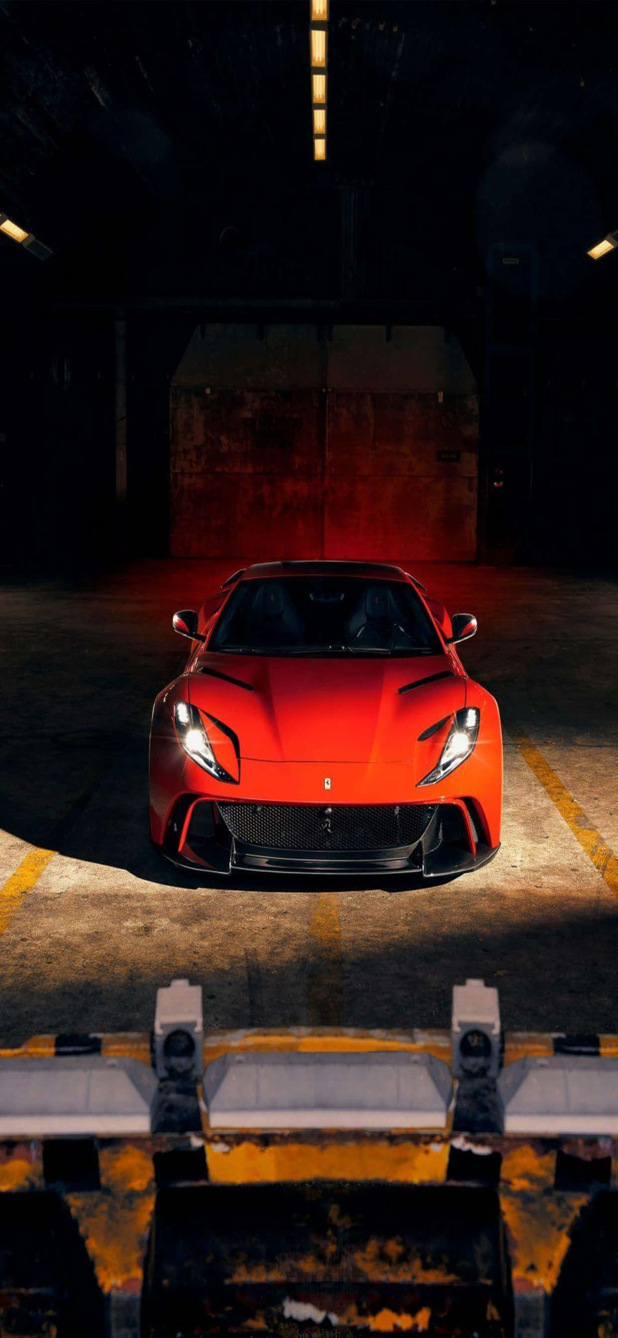 आईफोन एक्सएस मैक्स फेरारी बैकग्राउंड लाल फेरारी 812 सुपरफास्ट एक गोदाम में वॉलपेपर