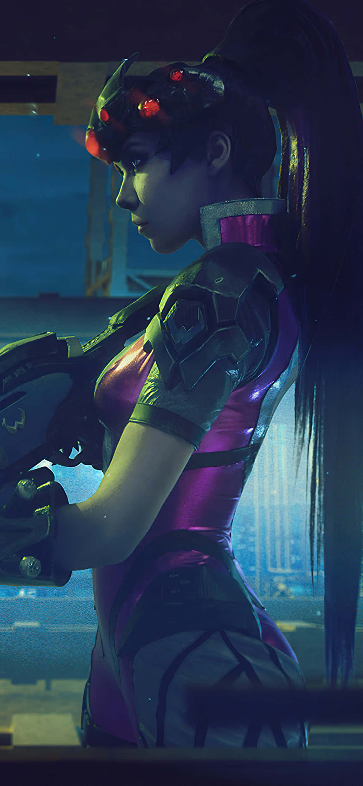 iPhone Xs Max Overwatch बैकग्राउंड Widowmaker साइड प्रोफाइल वॉलपेपर