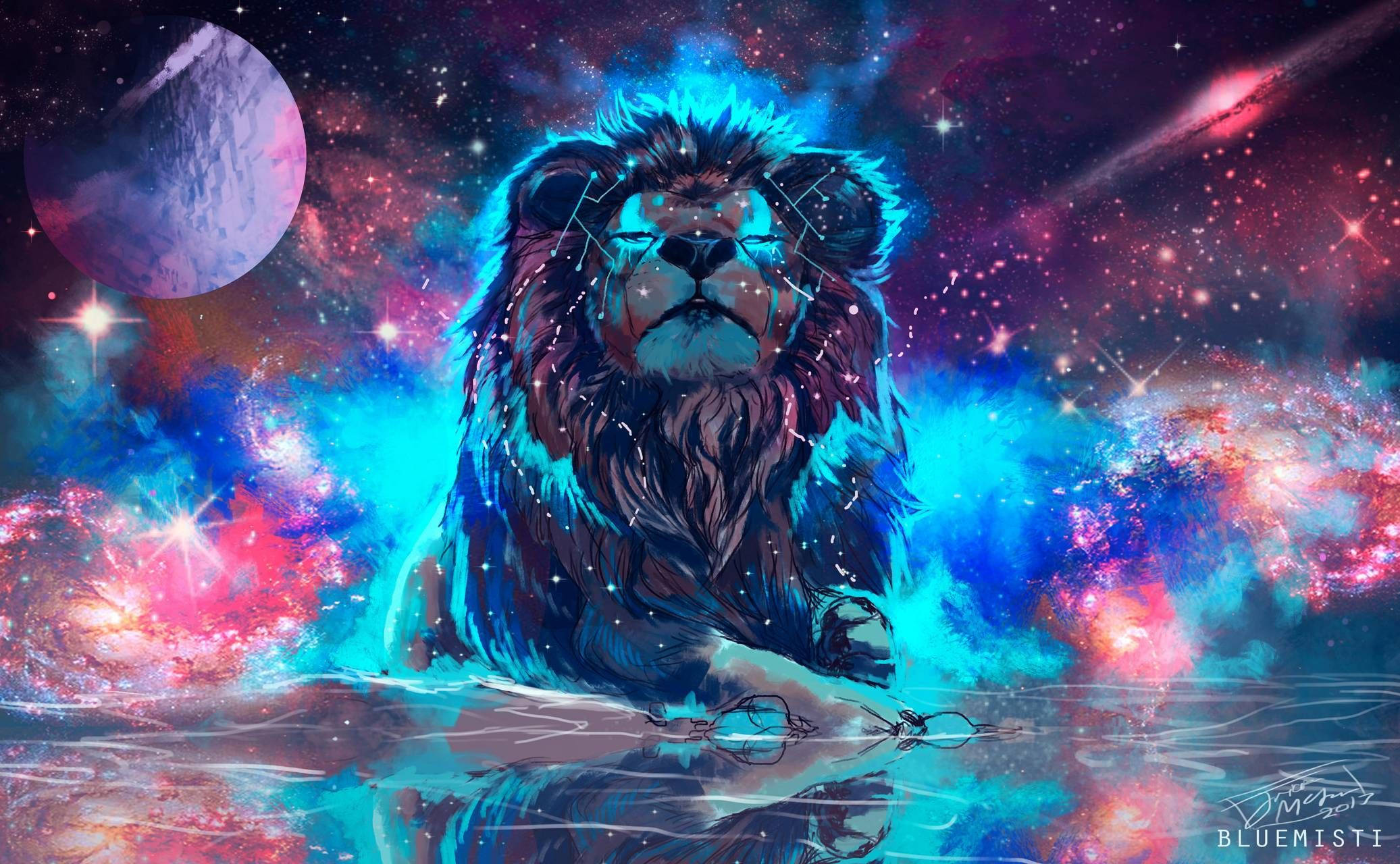 आरामदायक शेर गैलेक्सी नियॉन आर्ट वॉलपेपर