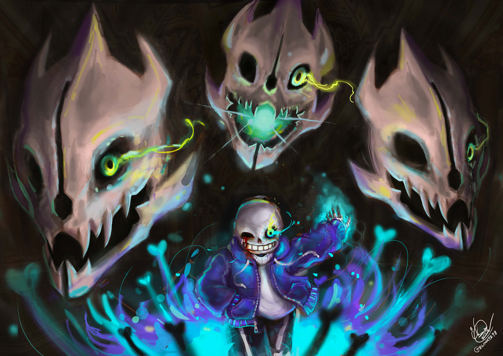 इंडी RPG गेम Undertale का Sans मुस्कुराते हुए शरारती अंदाज में। वॉलपेपर