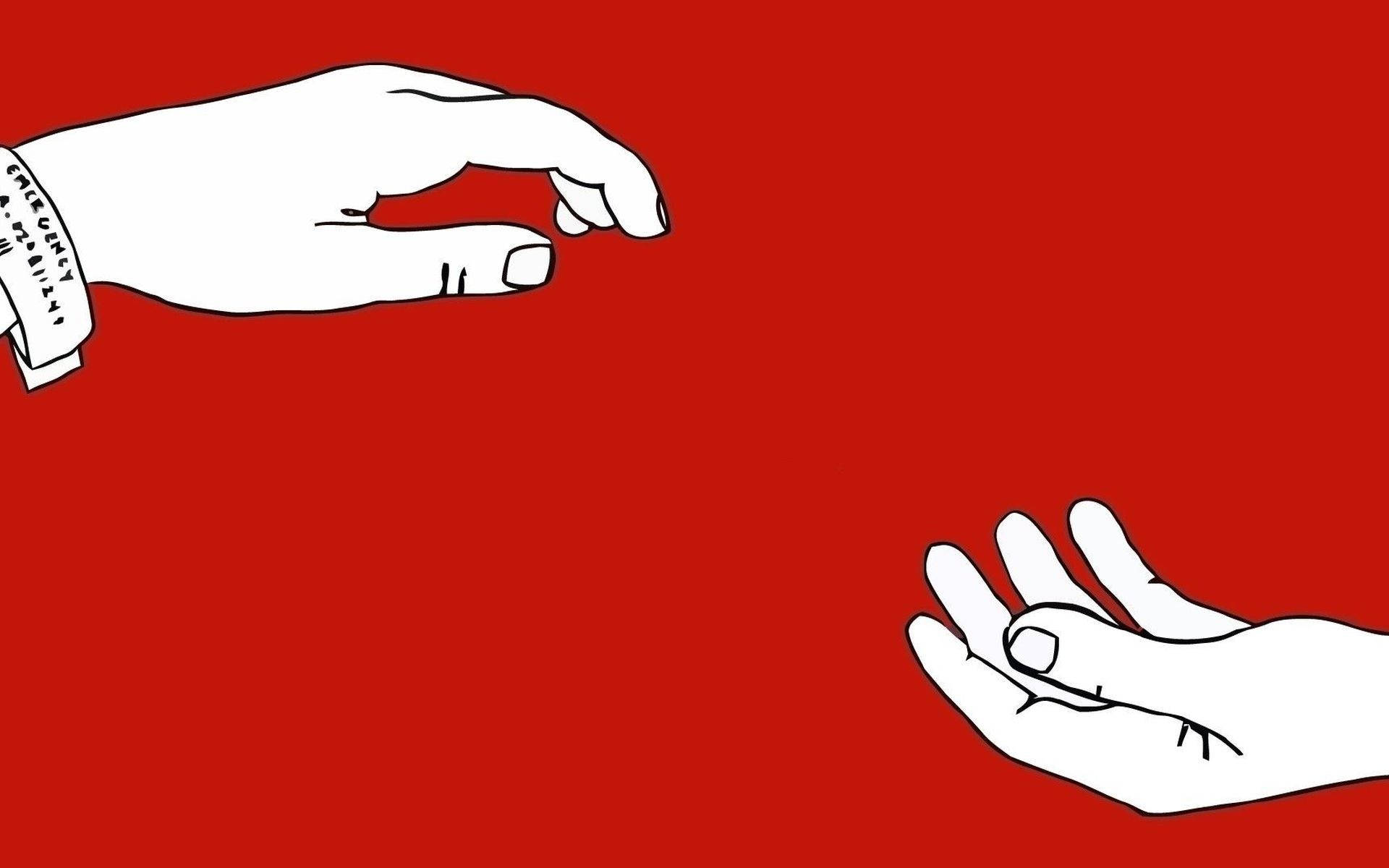 इंडी एस्थेटिक लैपटॉप हाथ मिलना लाल पृष्ठभूमि पर वॉलपेपर